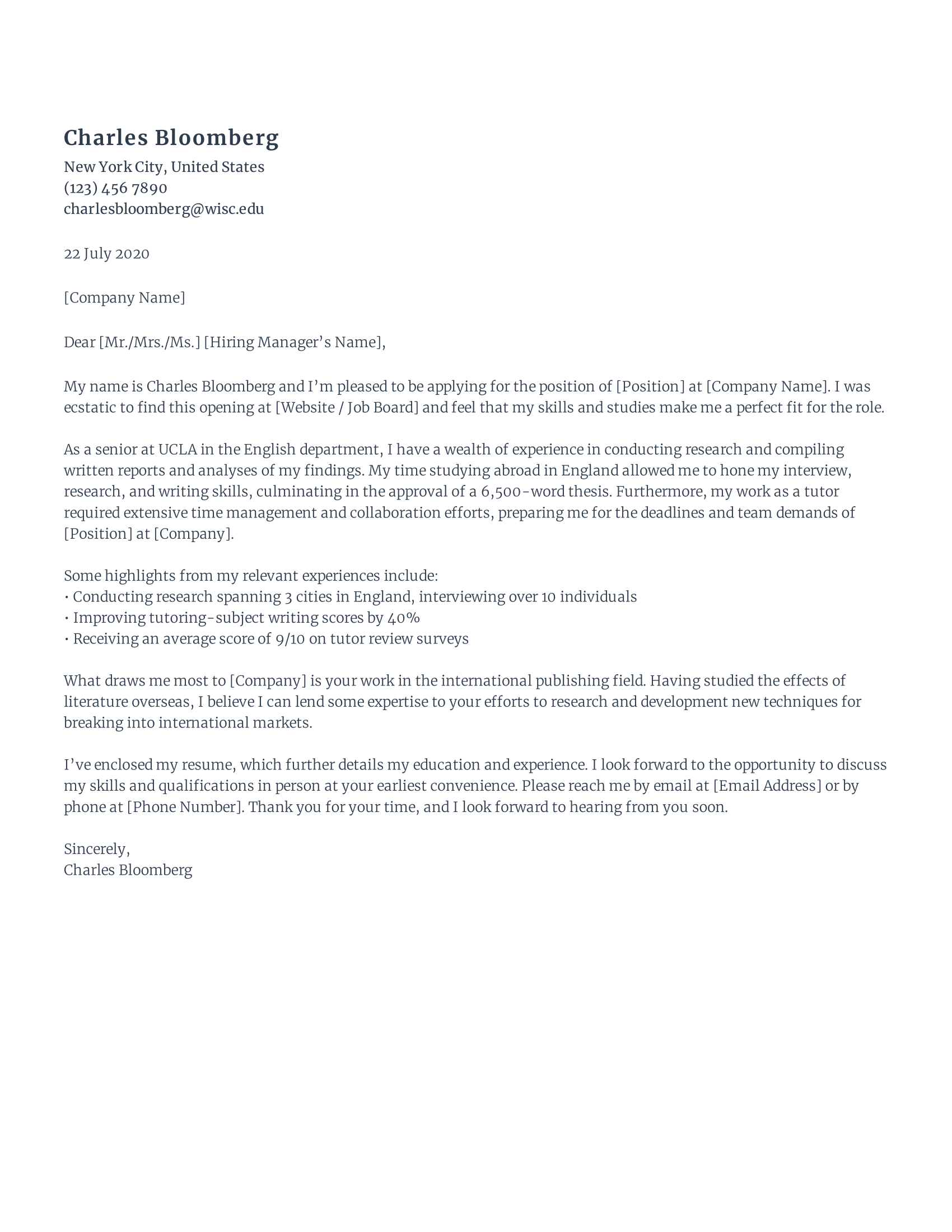 College student cover letter
