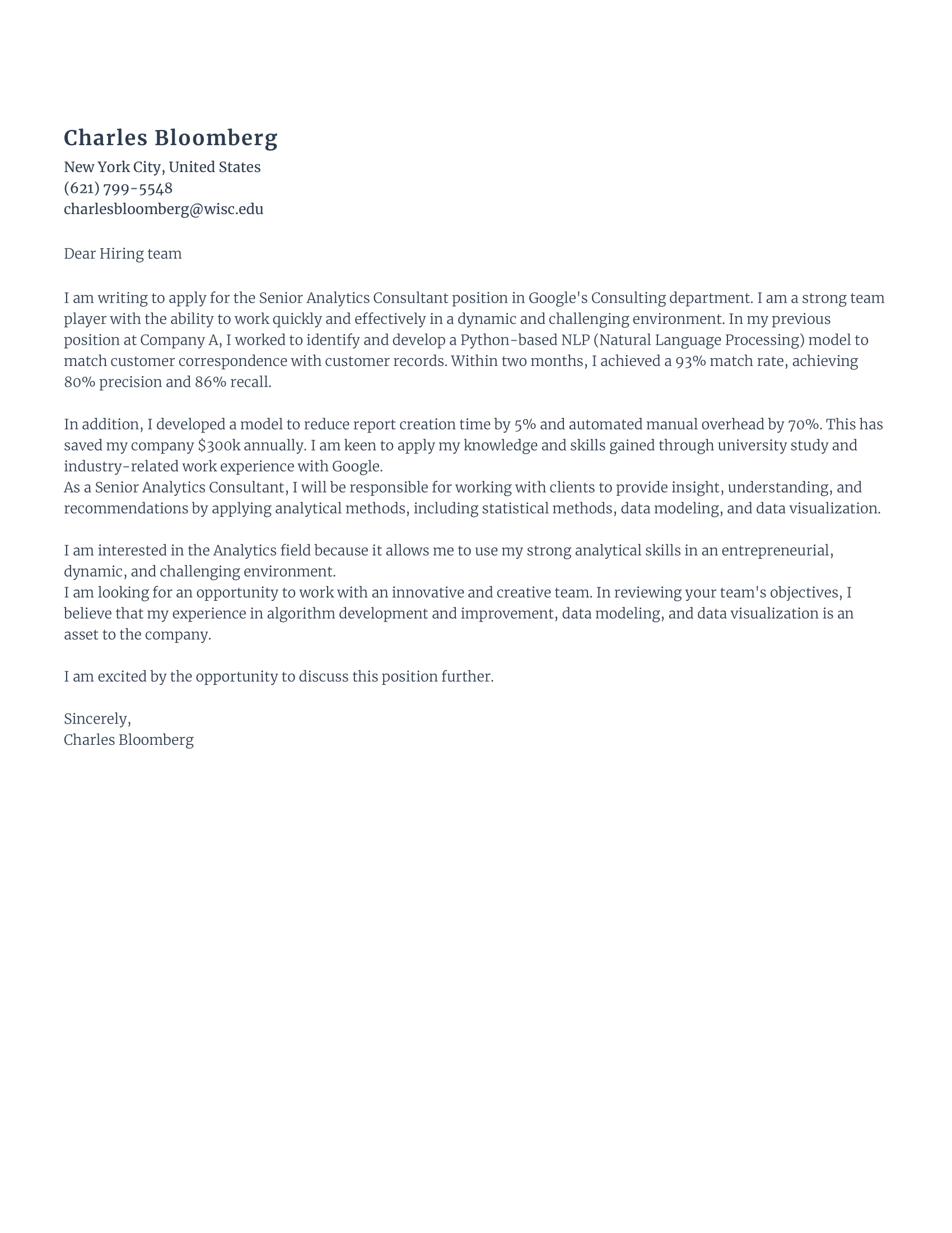 Senior data analyst cover letter