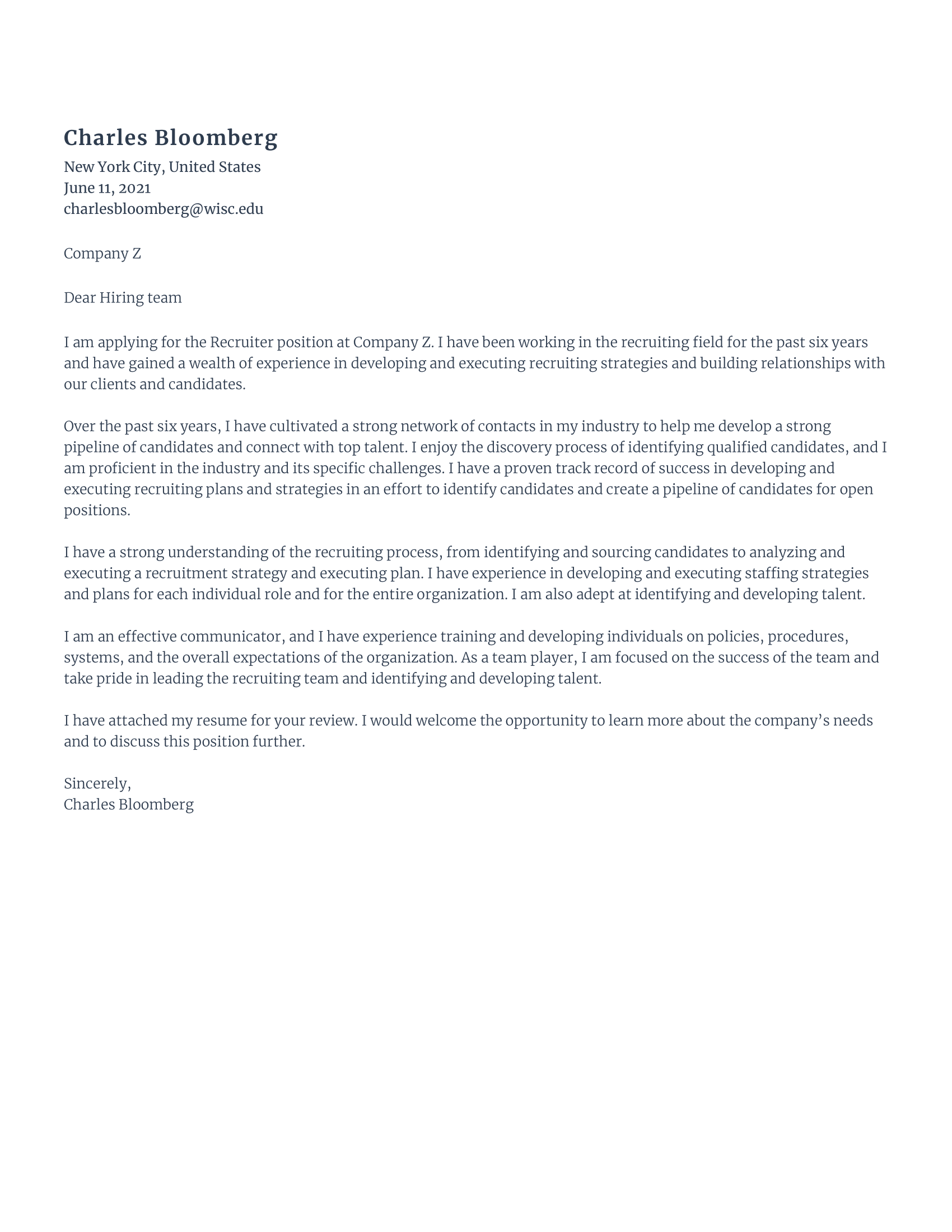 Senior recruiter cover letter