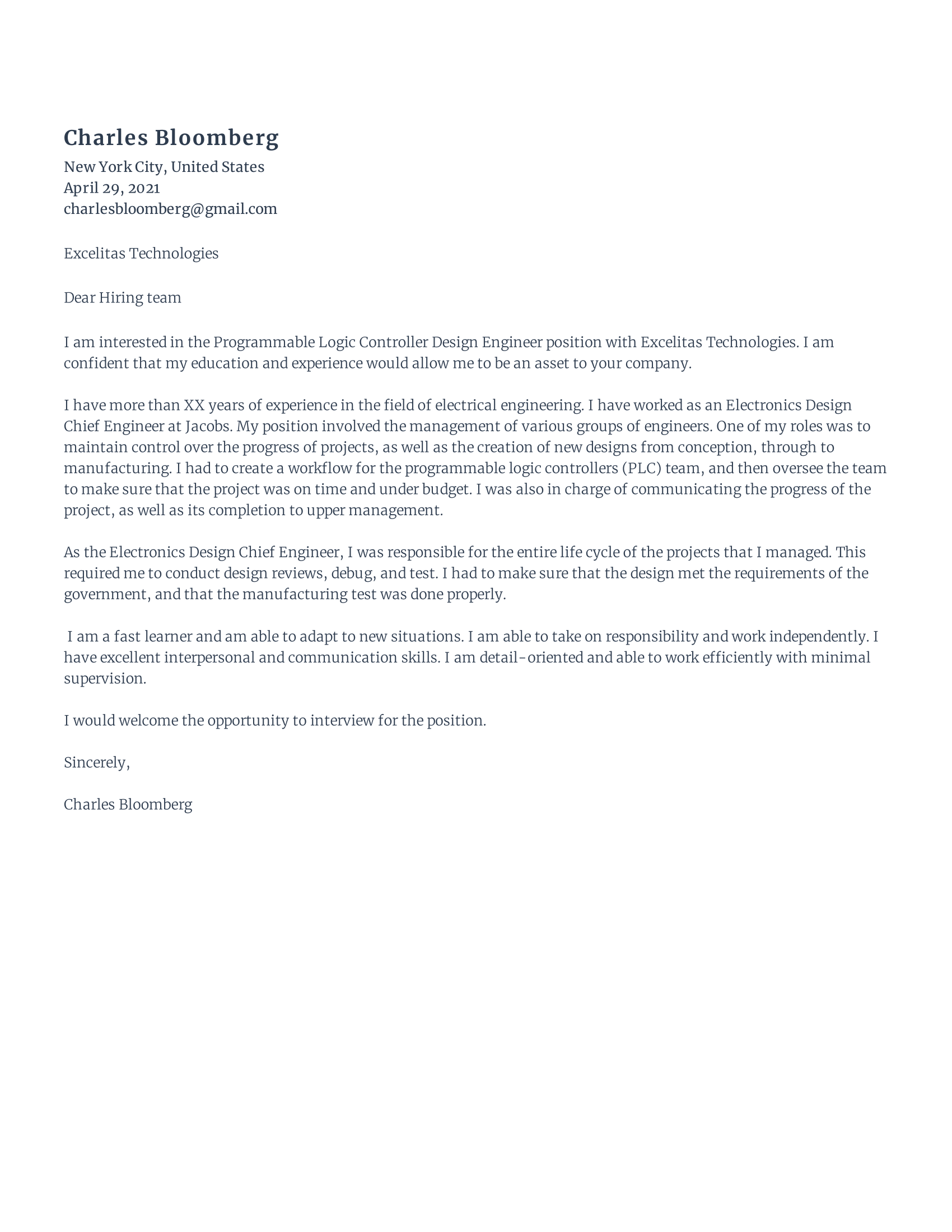 Electrical engineer cover letter