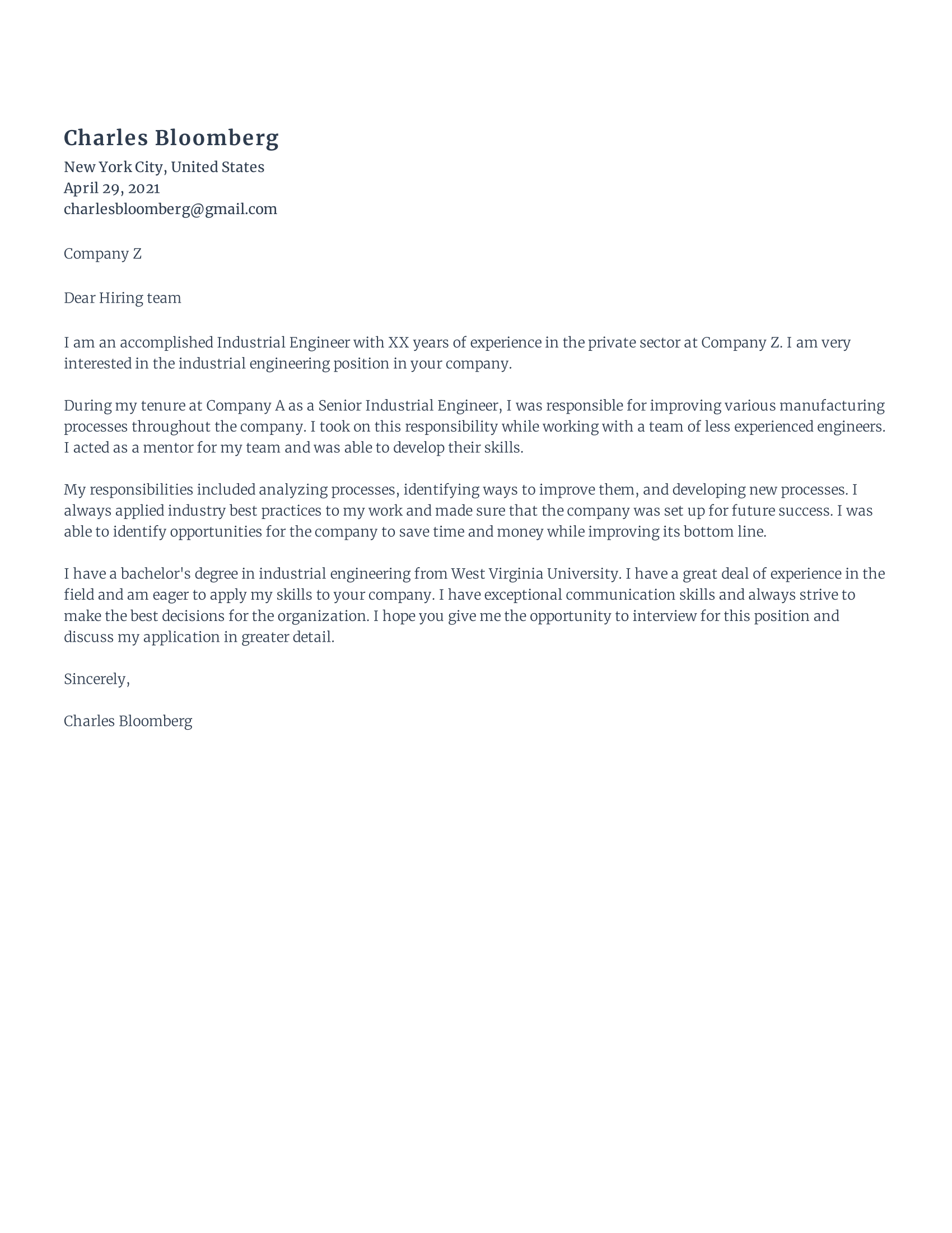Industrial engineer cover letter
