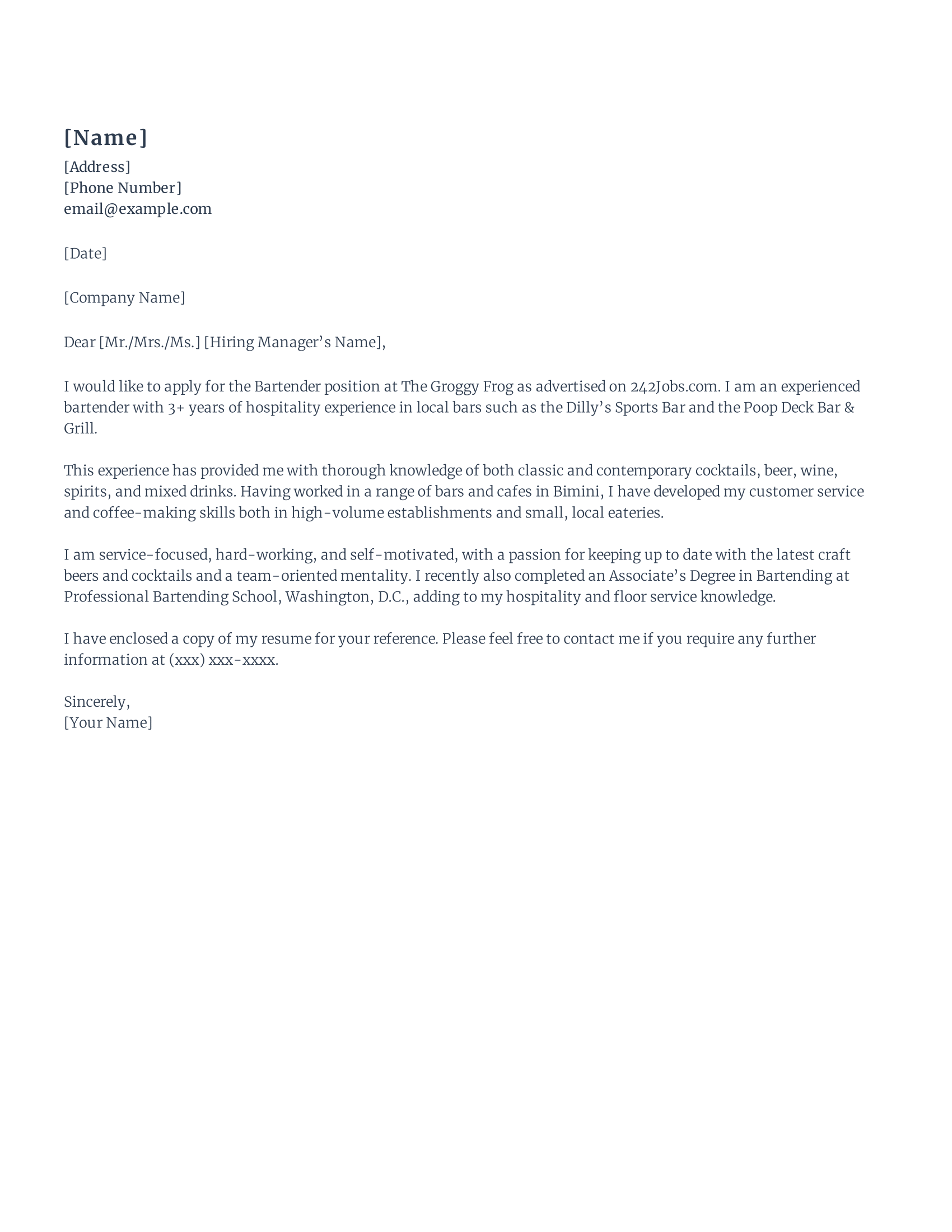 Bartender cover letter