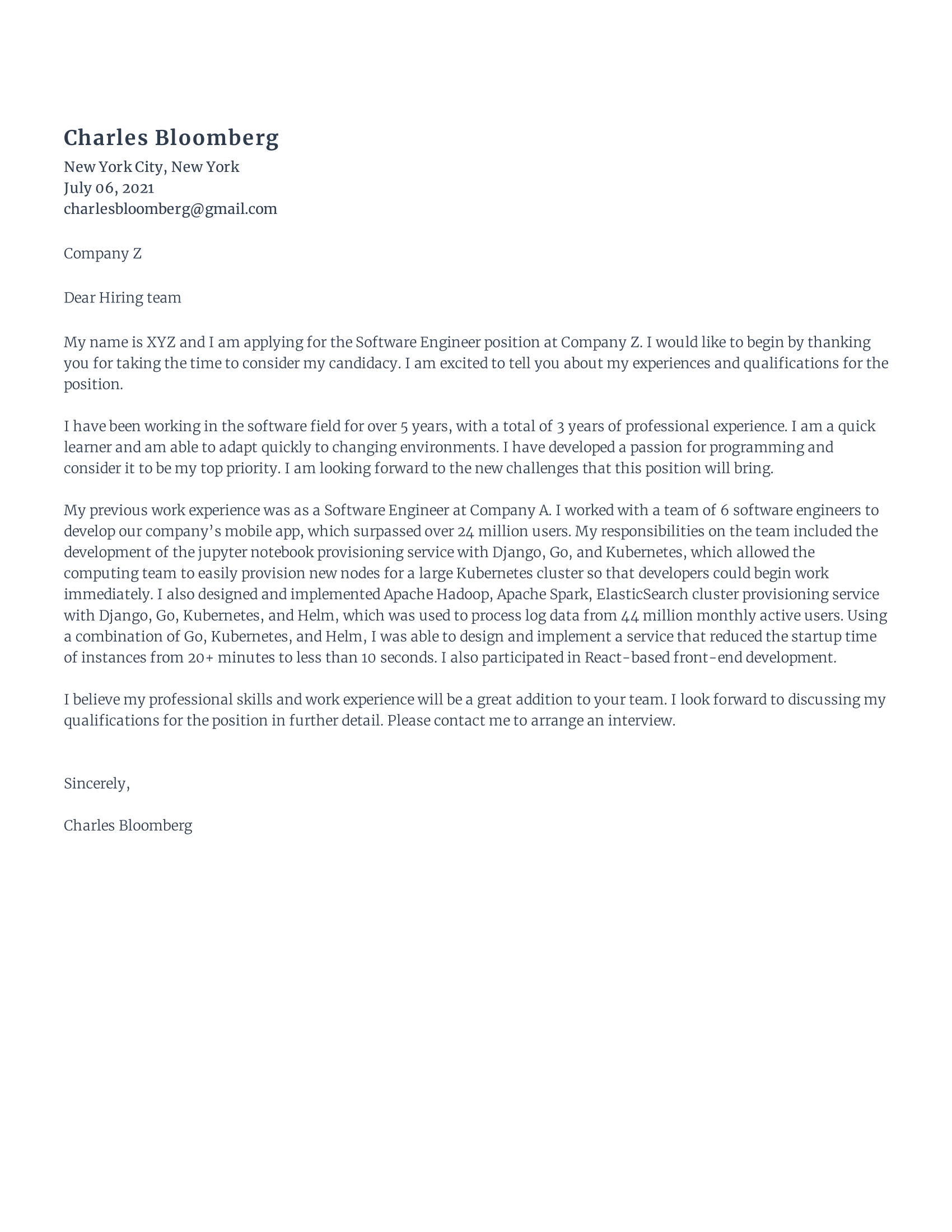 Software engineer cover letter