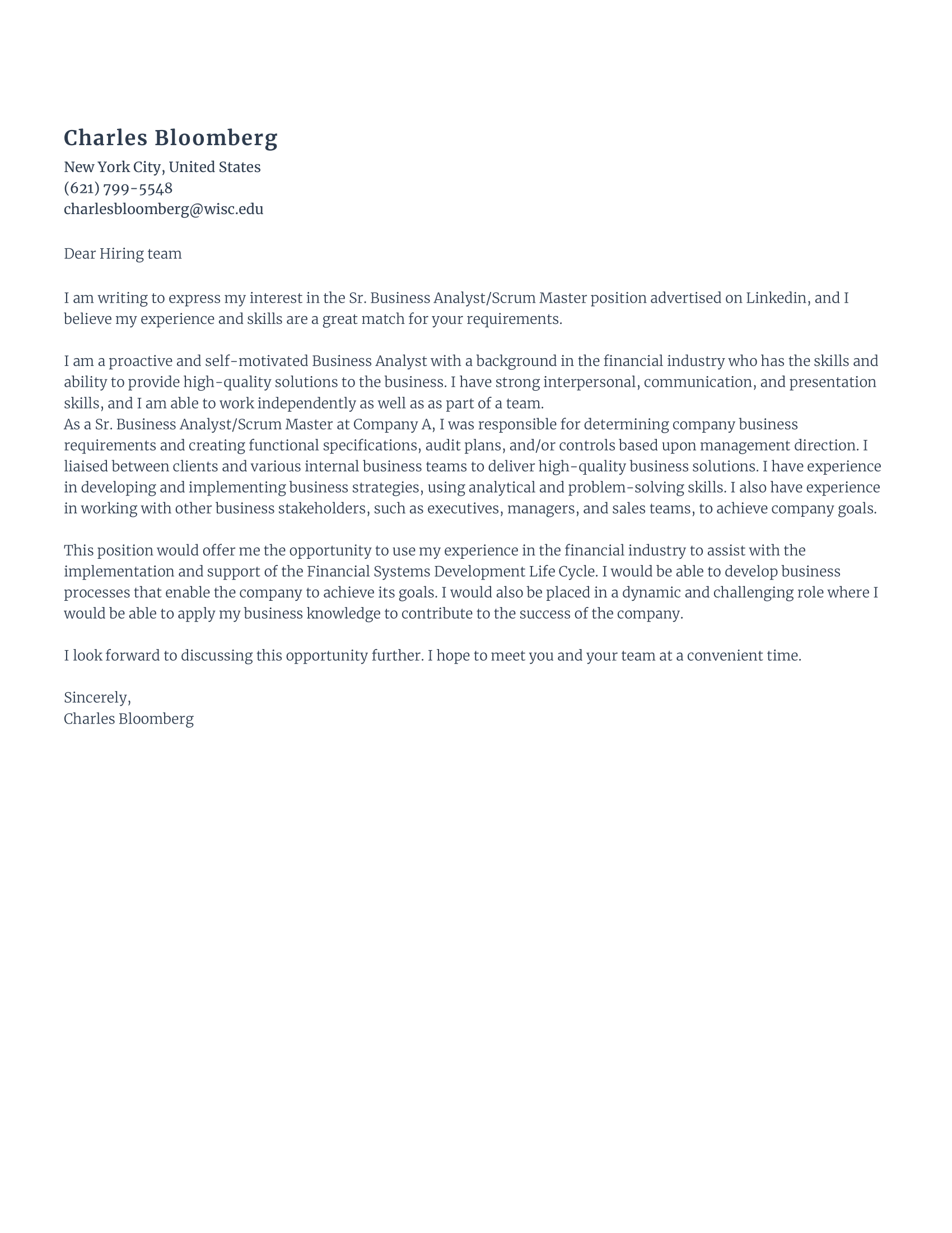 Senior business analyst cover letter
