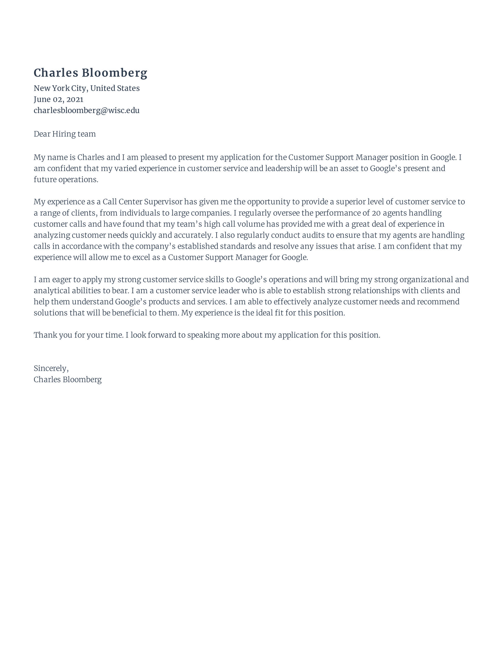 Customer support cover letter