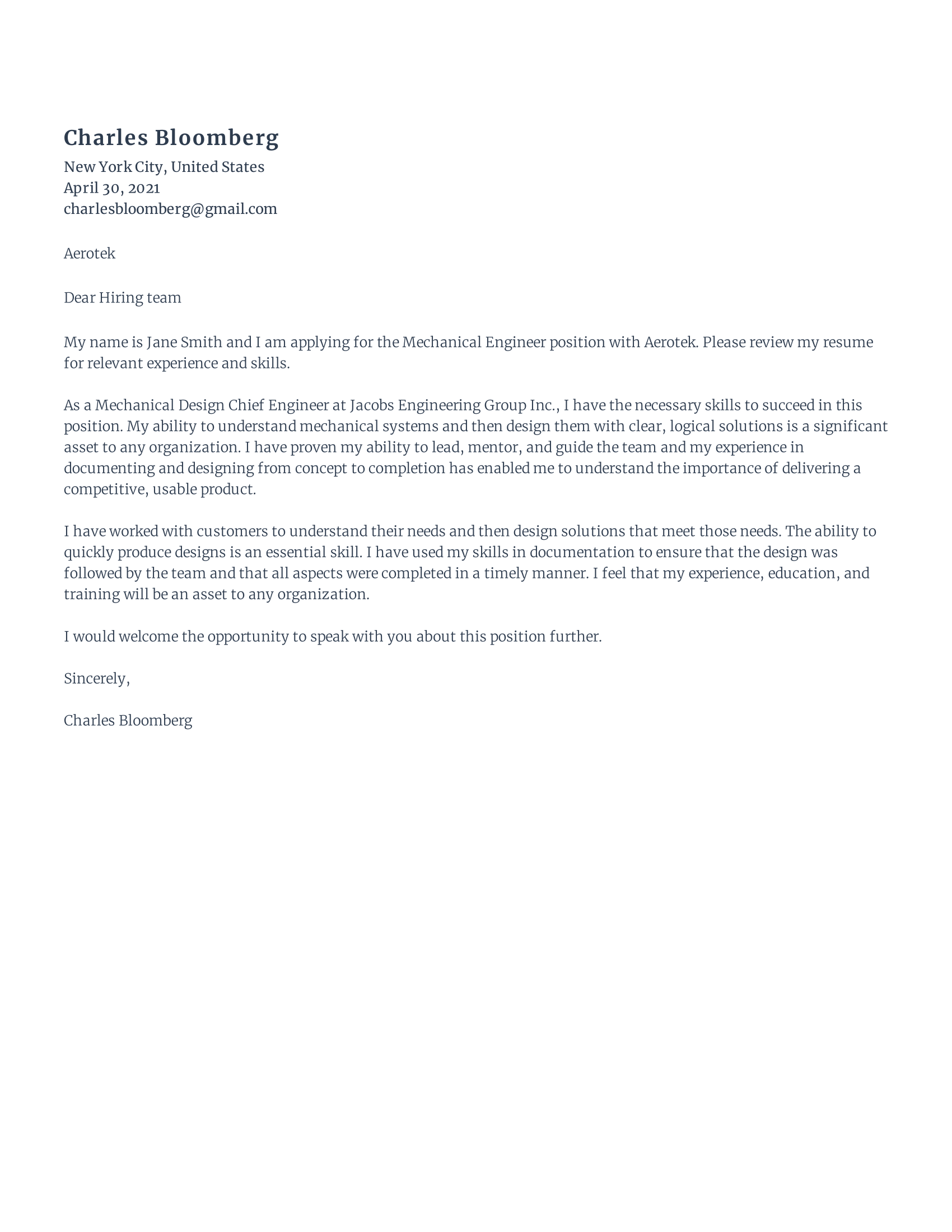 Mechanical engineer cover letter