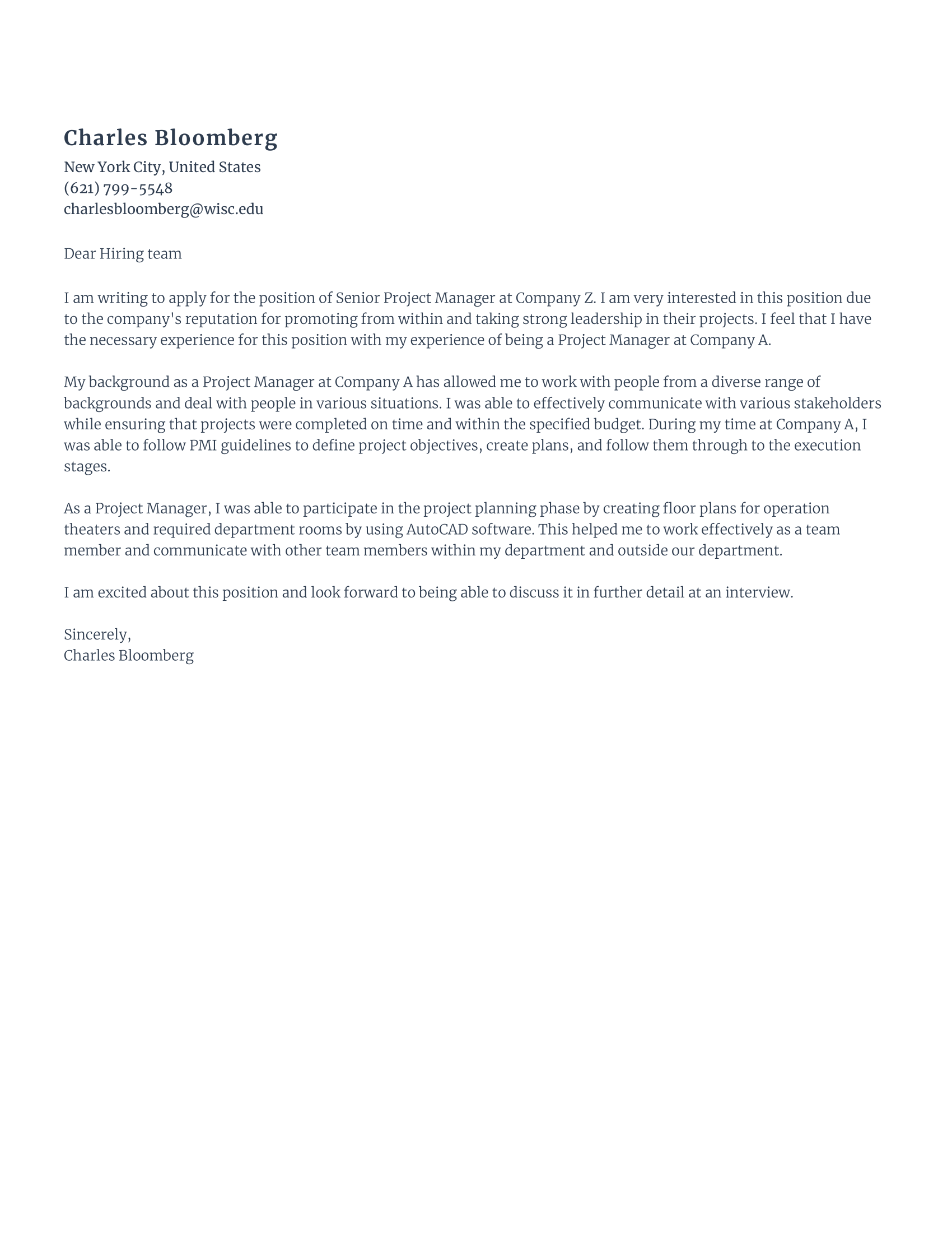 Senior project manager cover letter