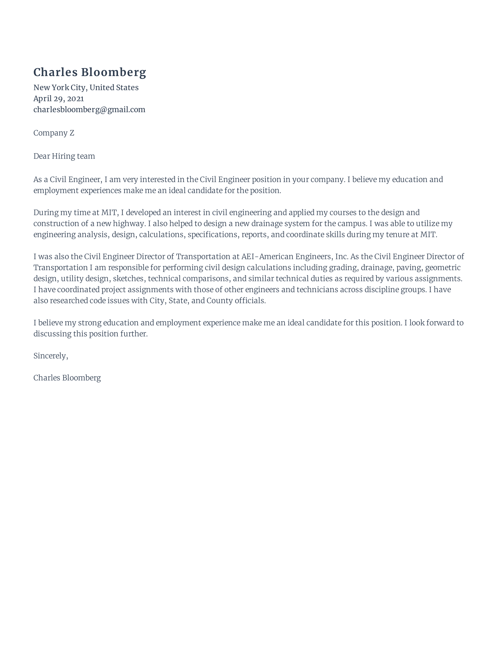 Civil engineer cover letter
