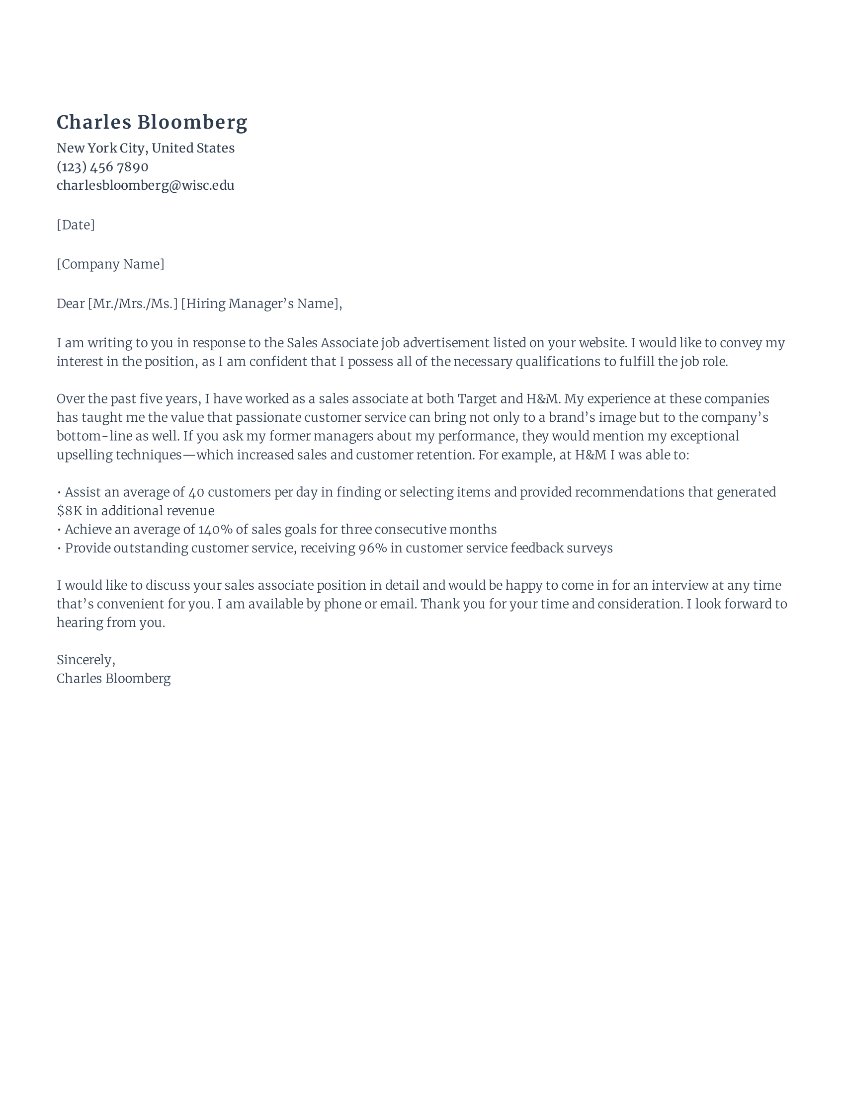 Retail sales associate cover letter