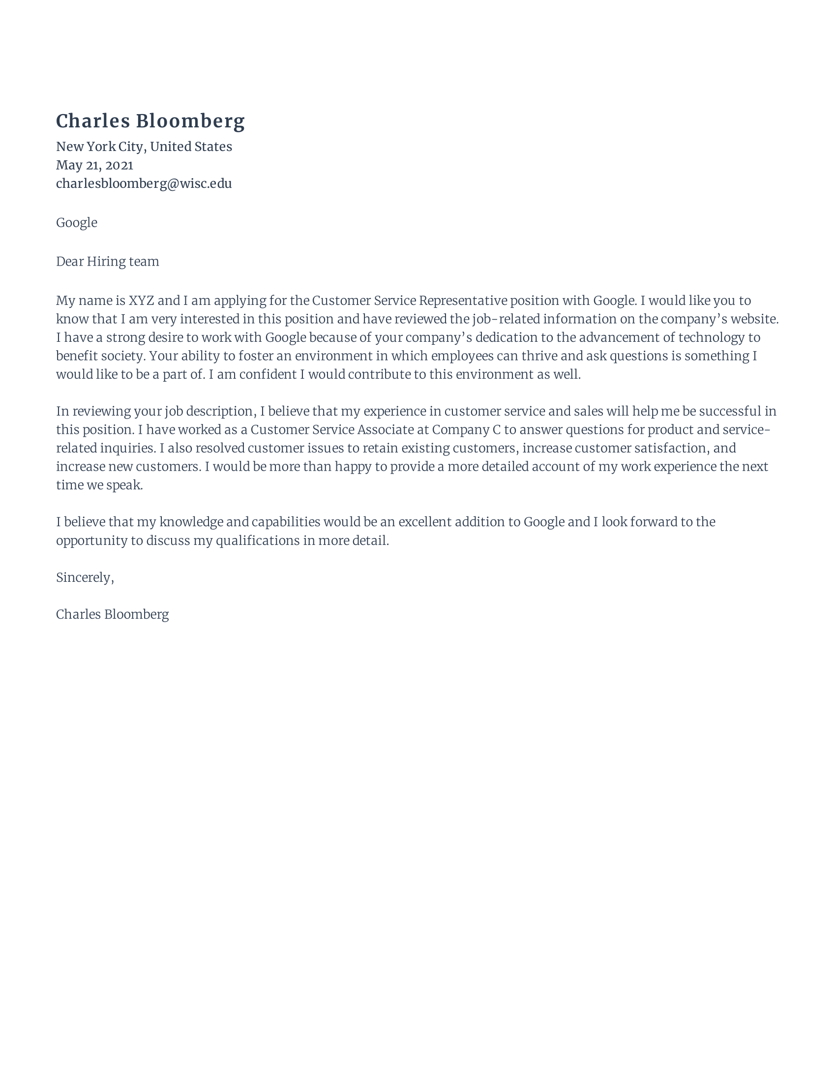 Customer service representative cover letter