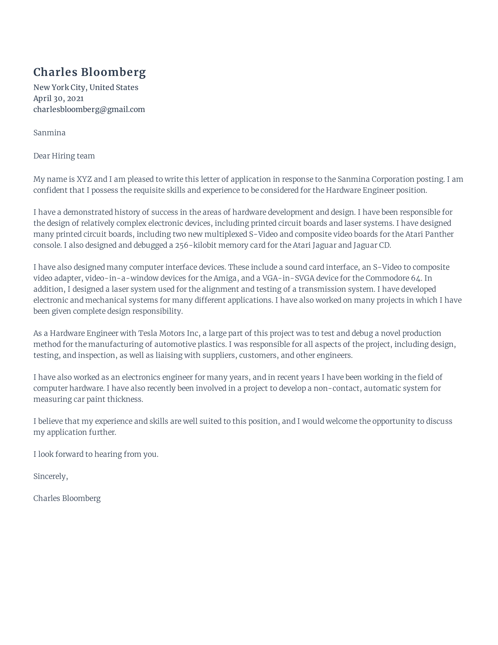 Hardware engineer cover letter