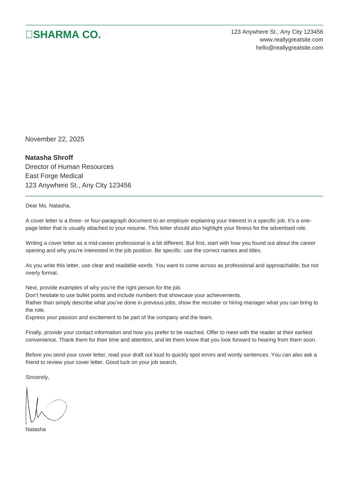 White and Green Cover Letter Template