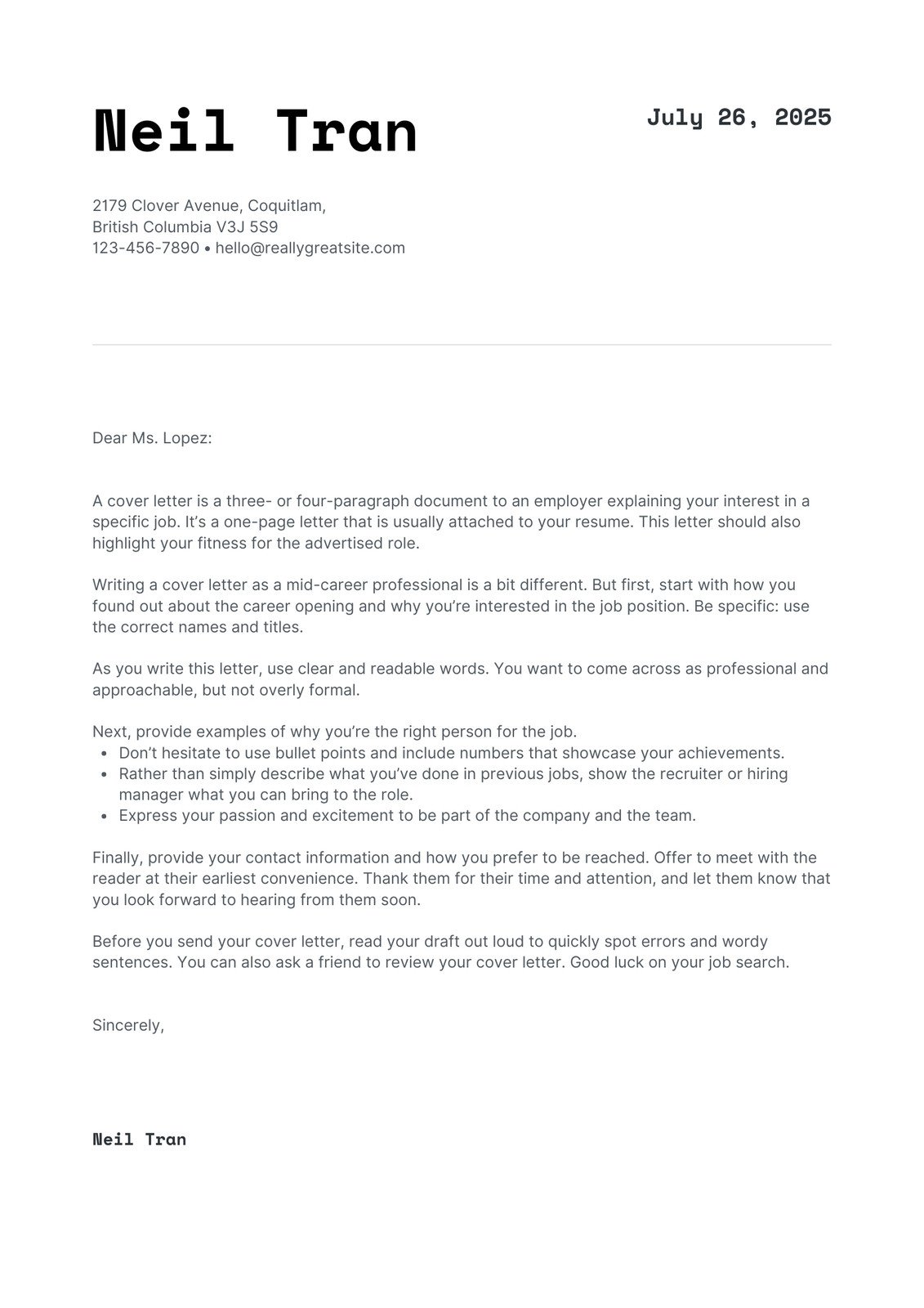 Black and White Cover Letter Template  
