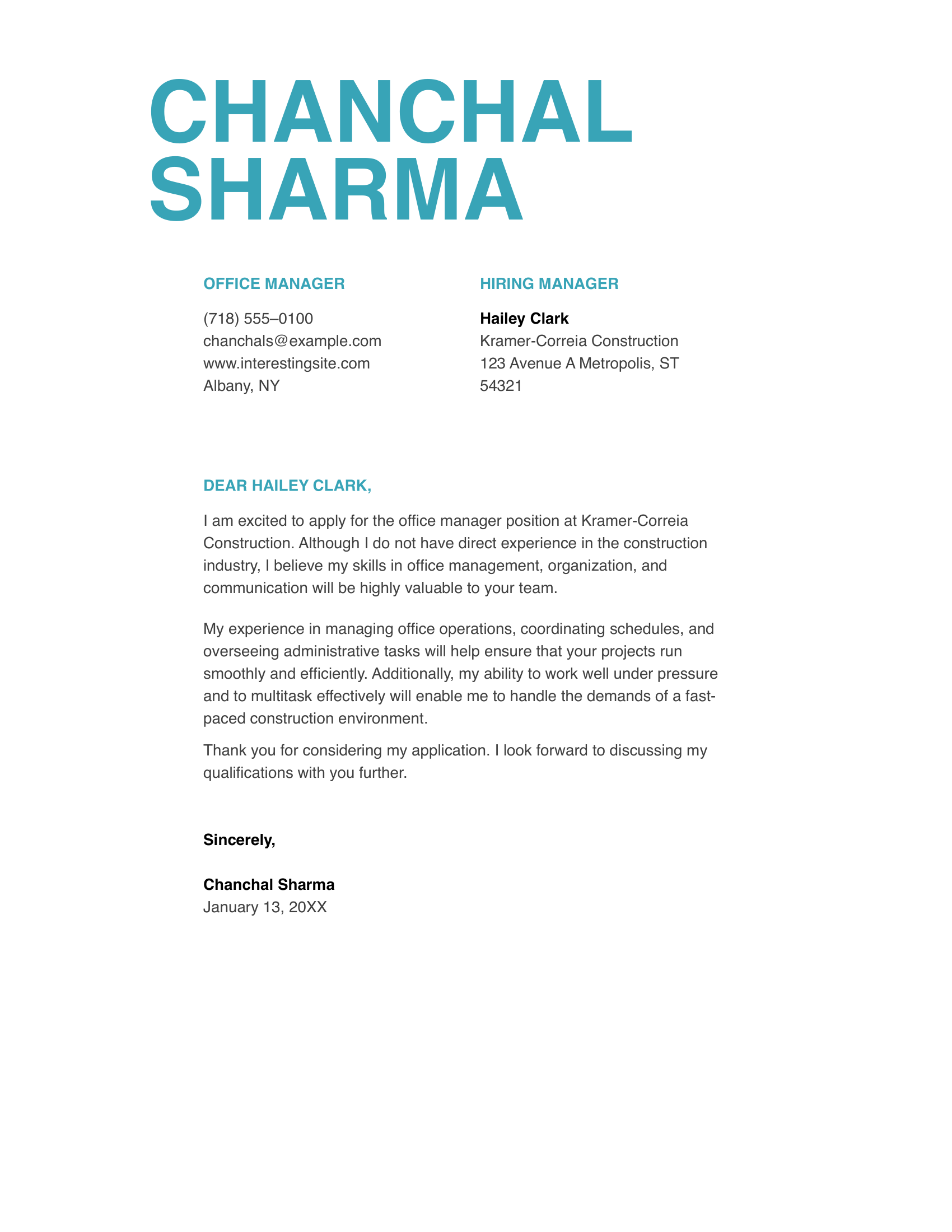 Simple bold cover letter template