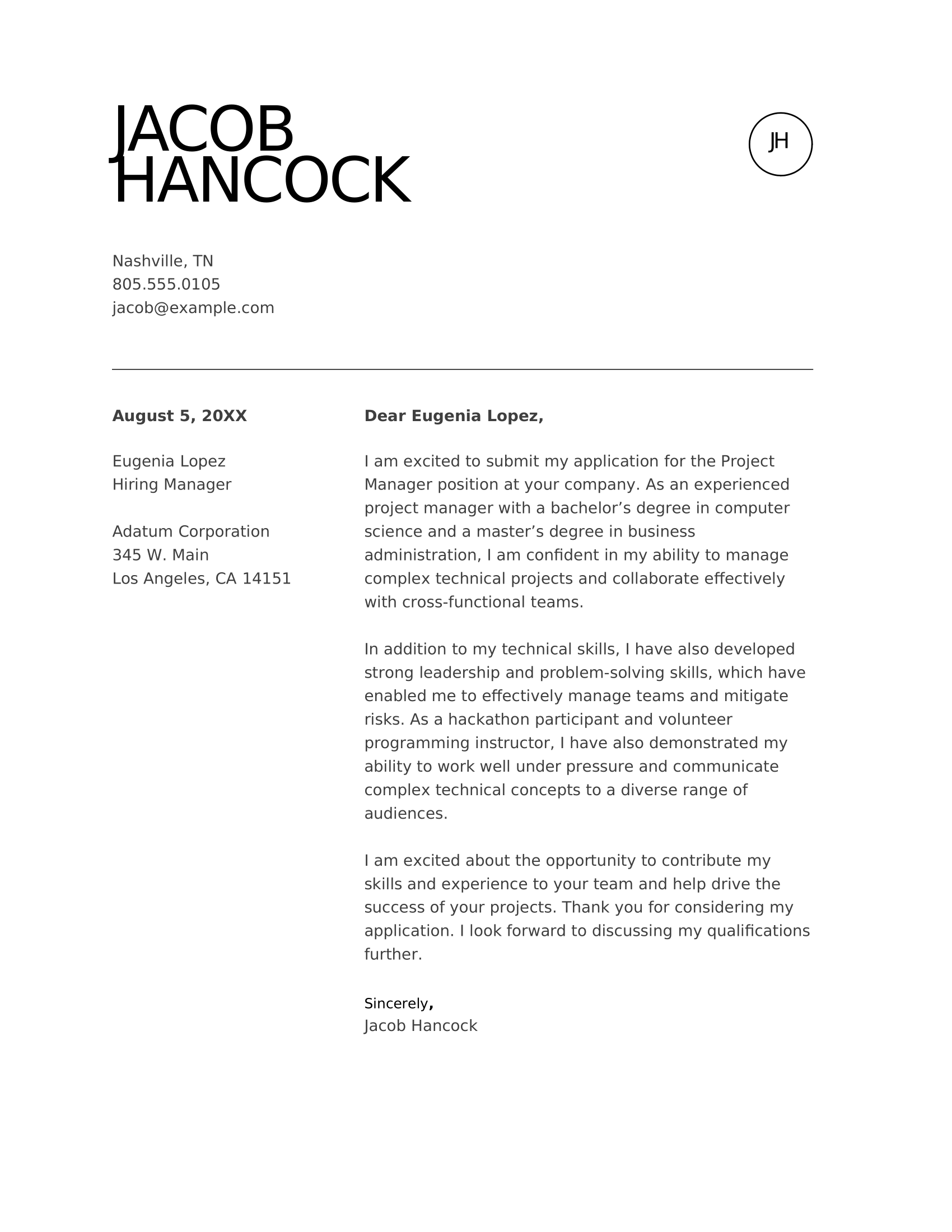 Project management cover letter template