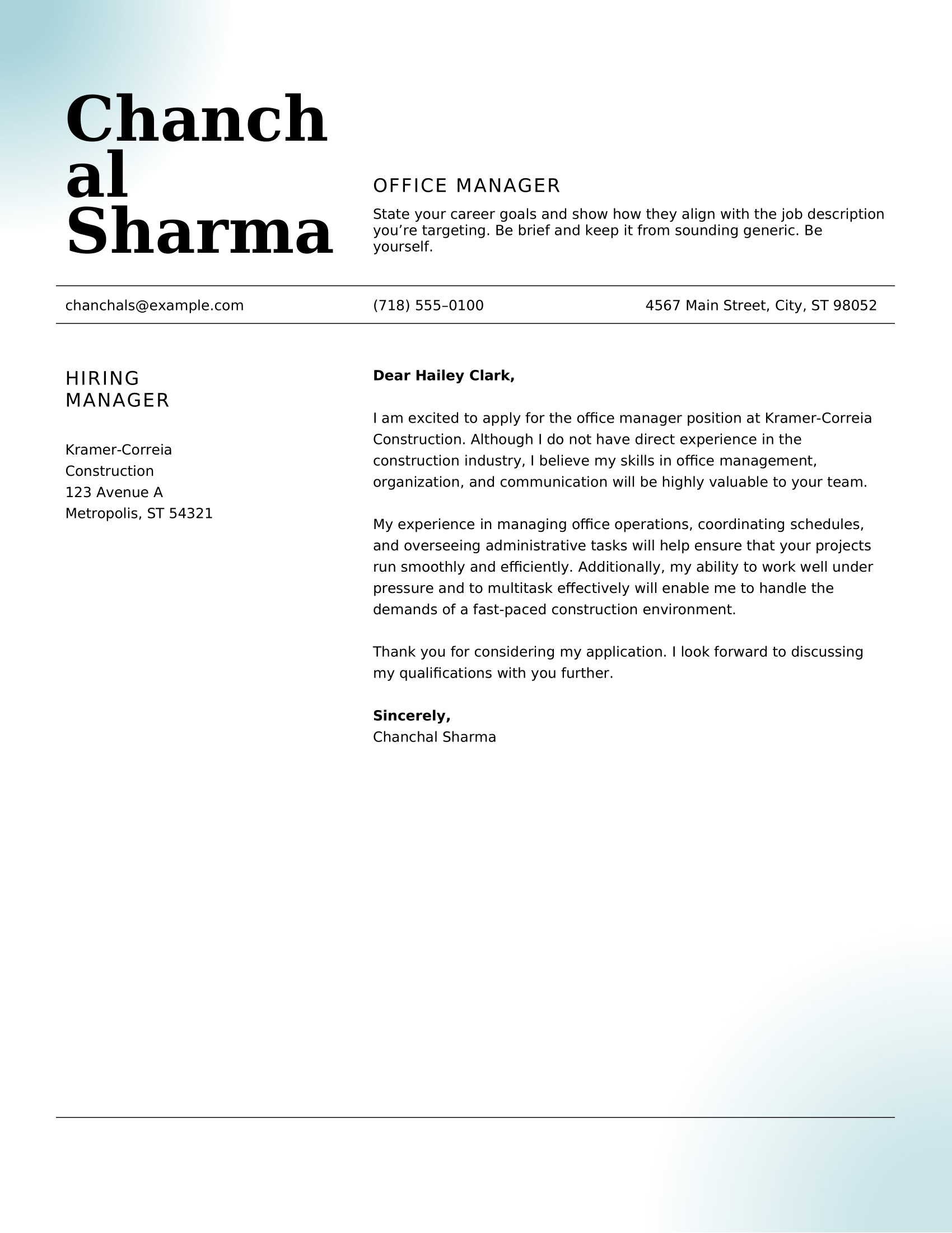 Blue classic cover letter template