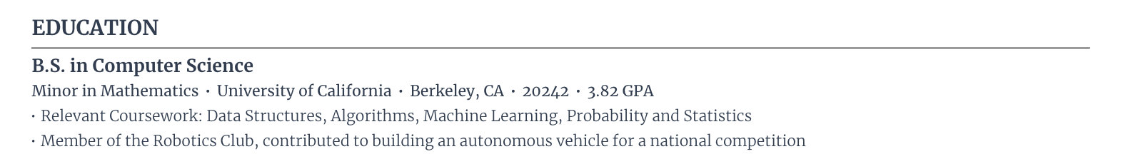 Career changer education section for a resume example
