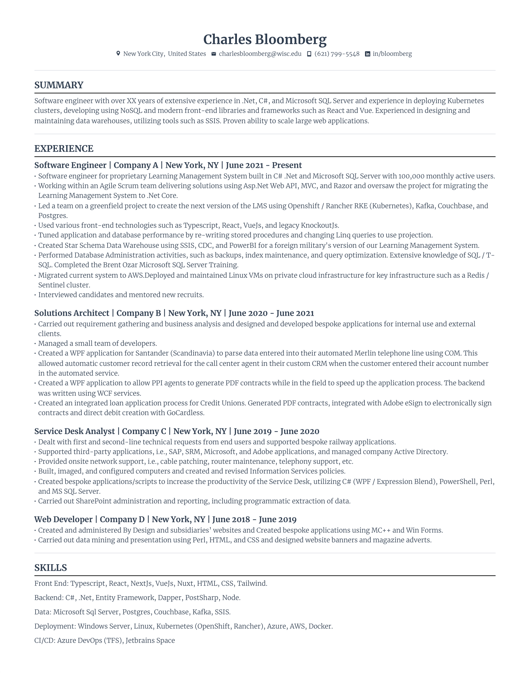 Resume example with no education section for a software engineer job position