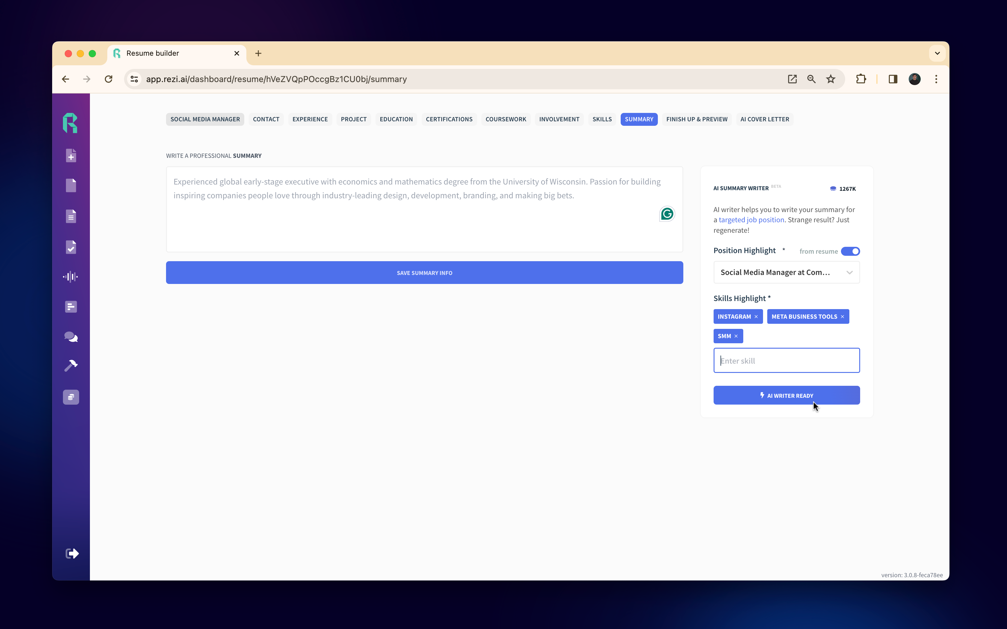 AI Resume Summary Writer Screenshot