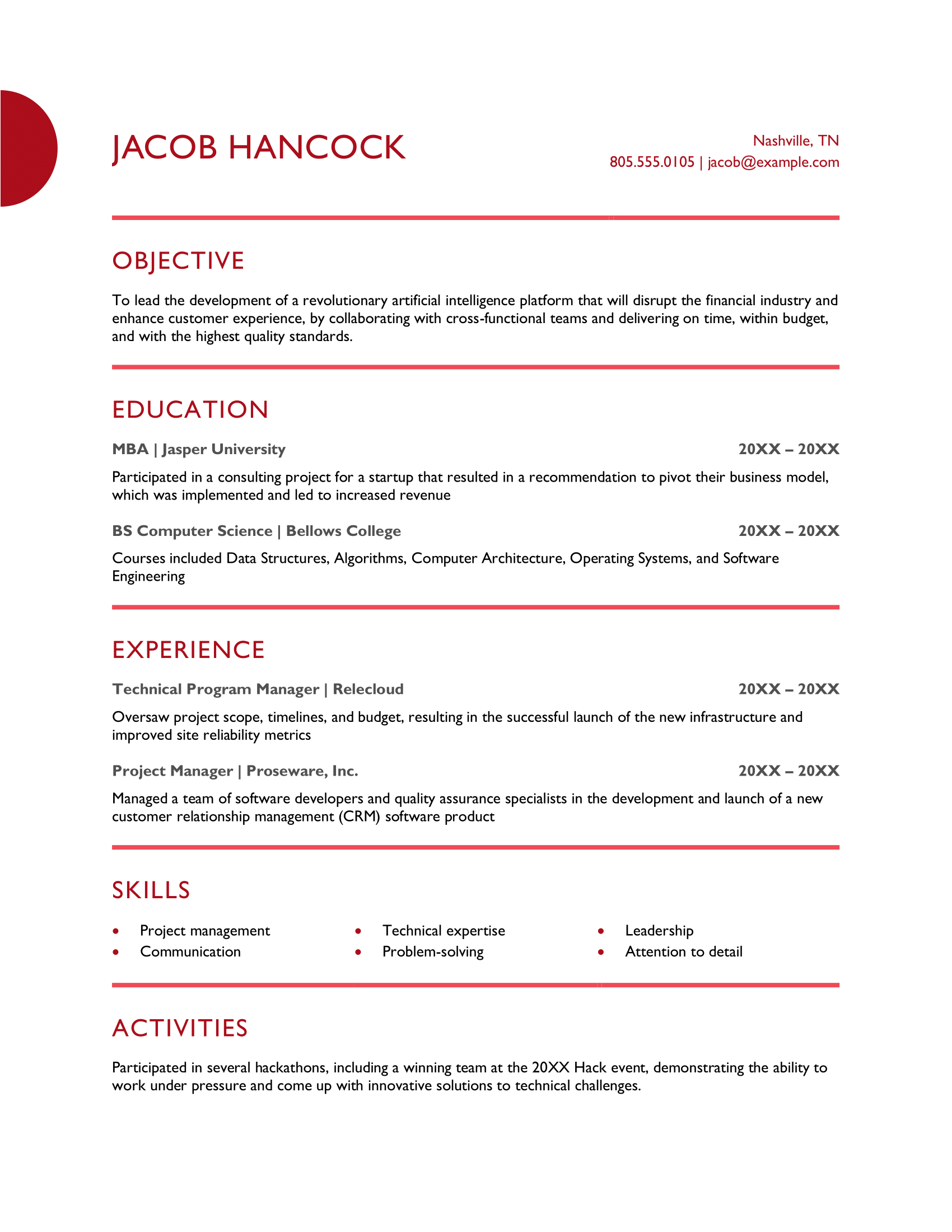 Project management resume template