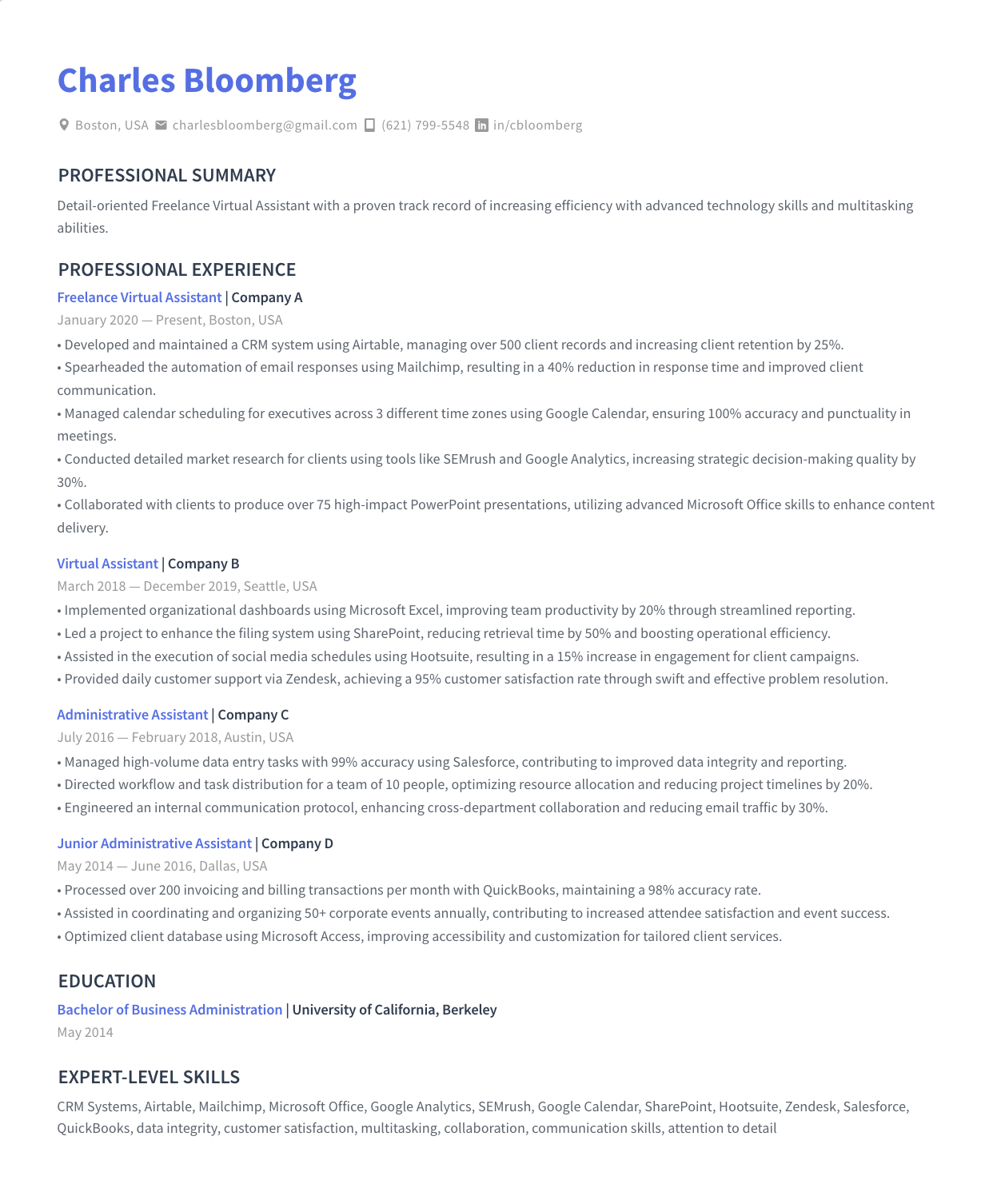 Resume example for freelance virtual assistant position