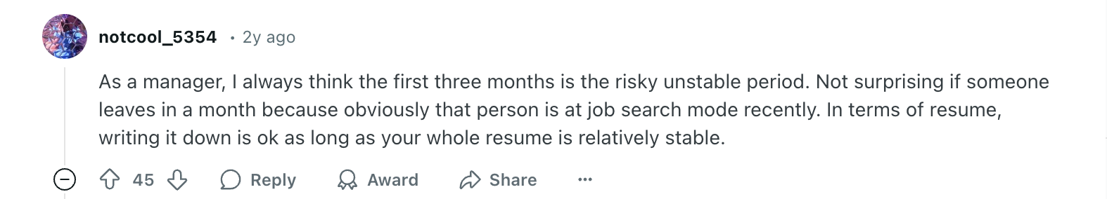 A reddit comment explaining, from the perspective of a hiring manager, that it's understandable that some employees quit their new jobs early.