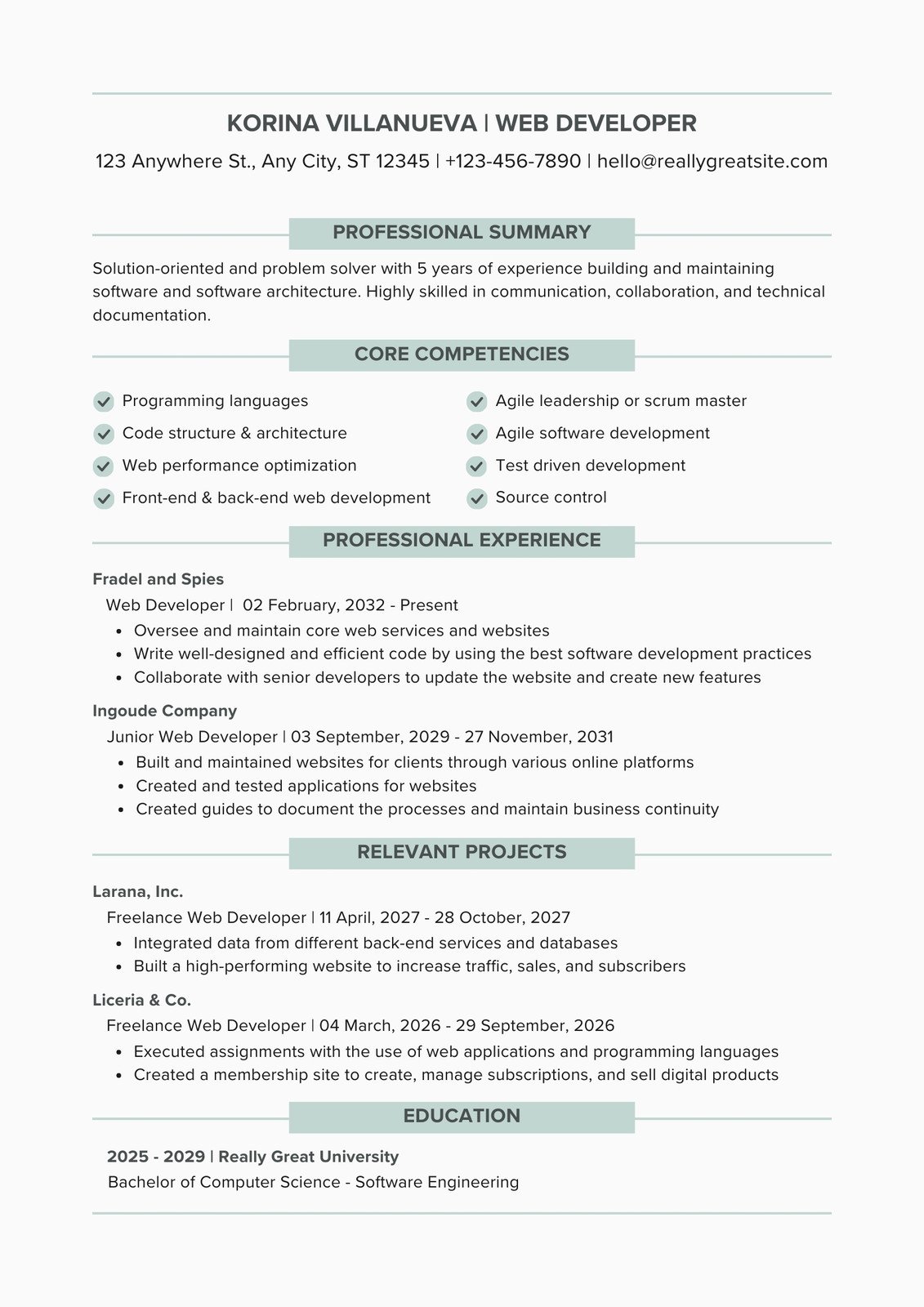 Muted green corporate resume template