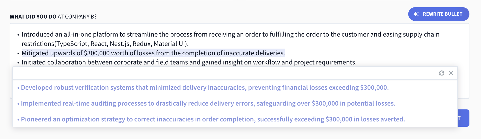 Example of using Rezi AI Bullet Point Editor to refine a sentence for a project manager resume.