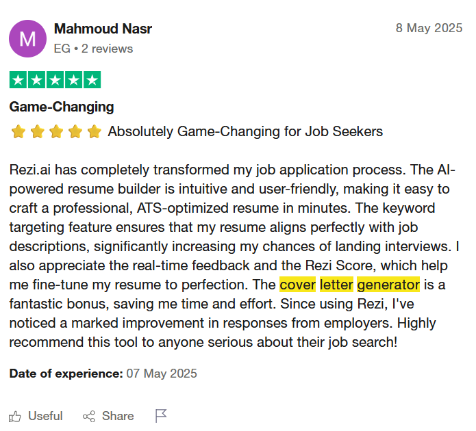 Trustpilot Review of Rezi AI Cover letter