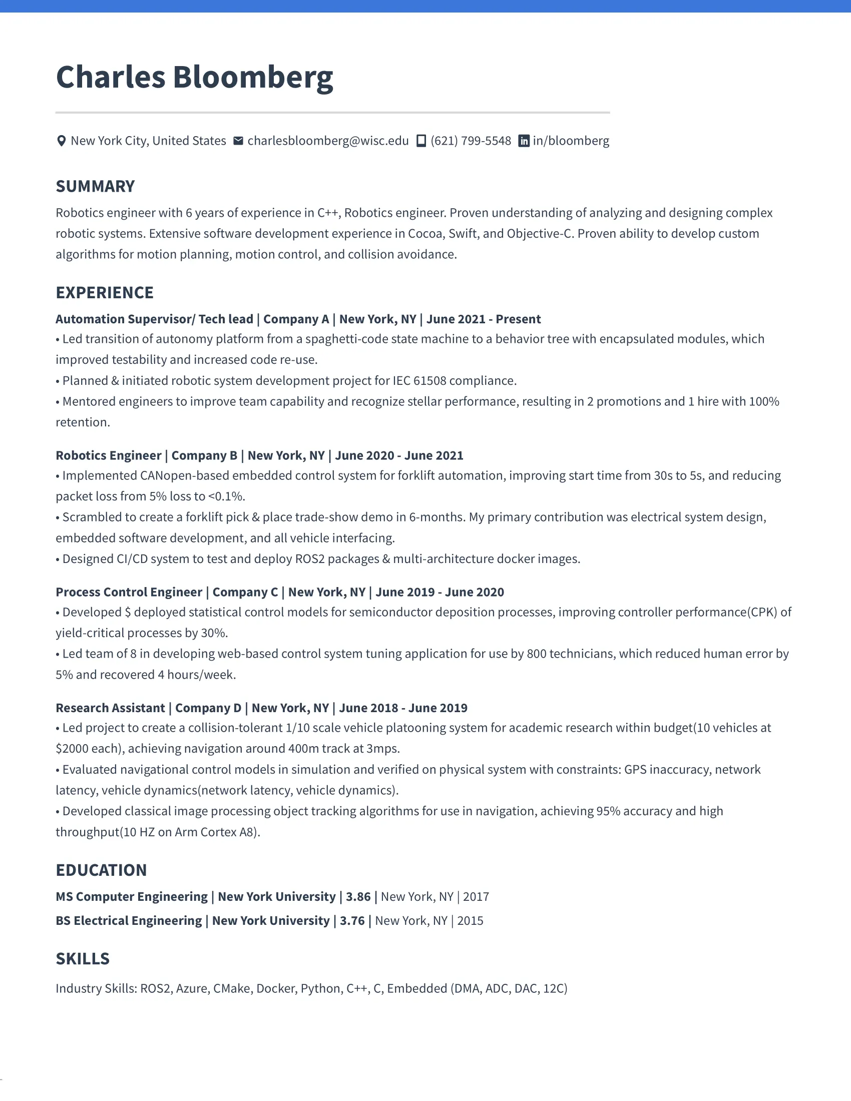 Senior Robotics Engineer Resume