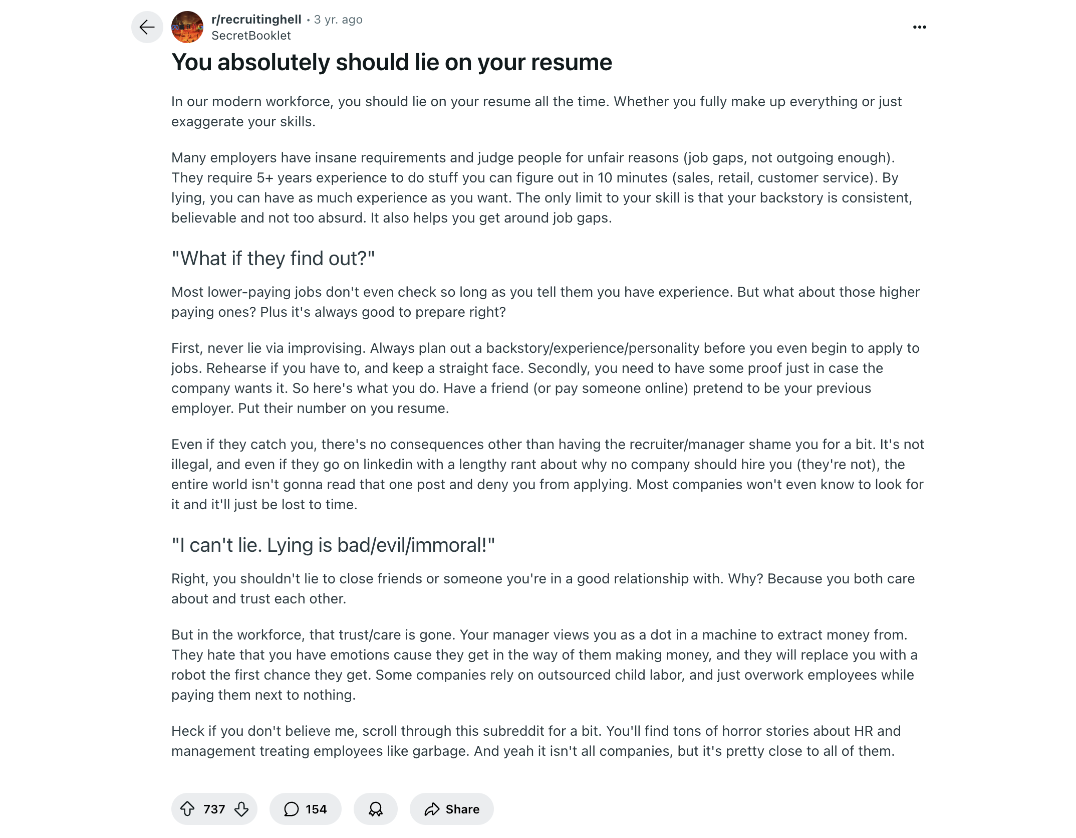 Popular Reddit thread about lying on a resume