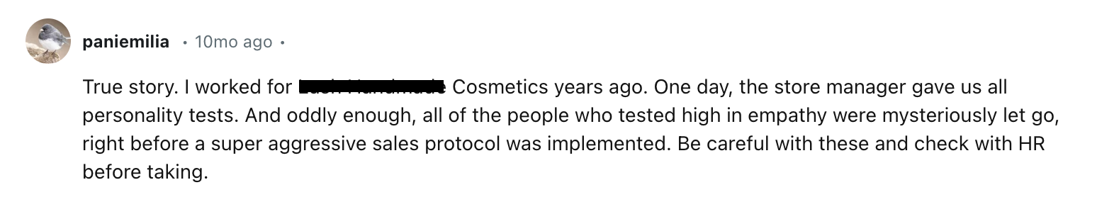 A screenshot of a Reddit comment about a negative MBTI experience