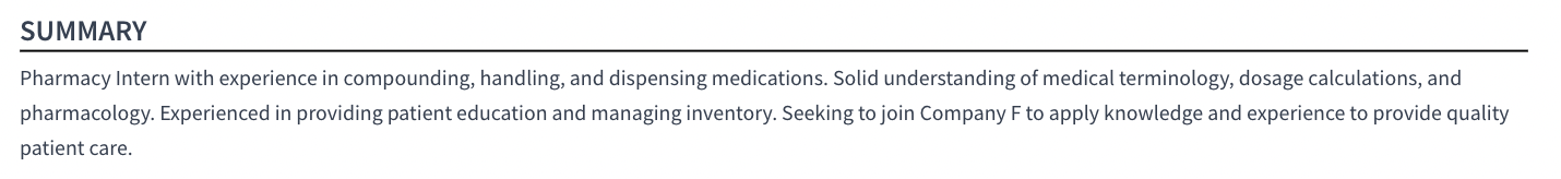 pharmacy intern summary