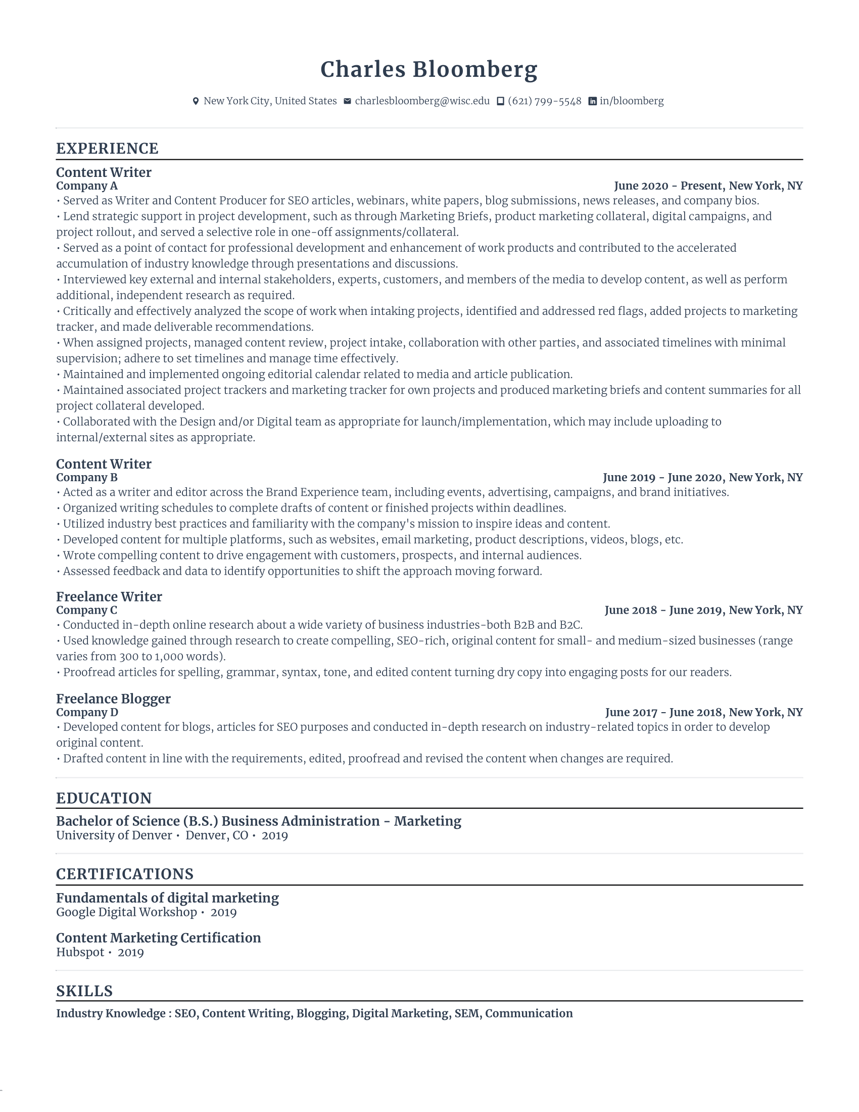 Freelance writer resume