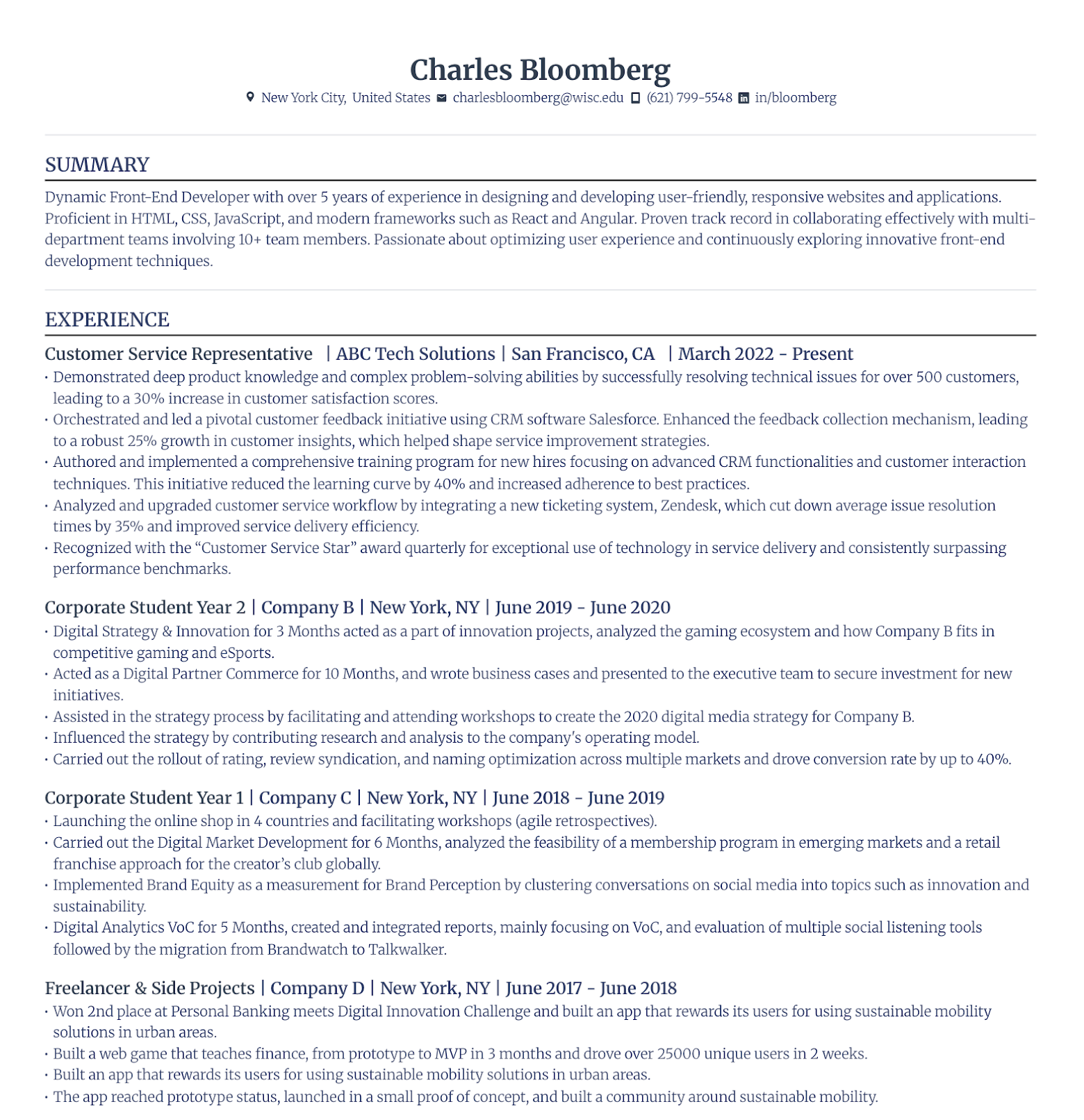Rezi resume example with Merriweather font