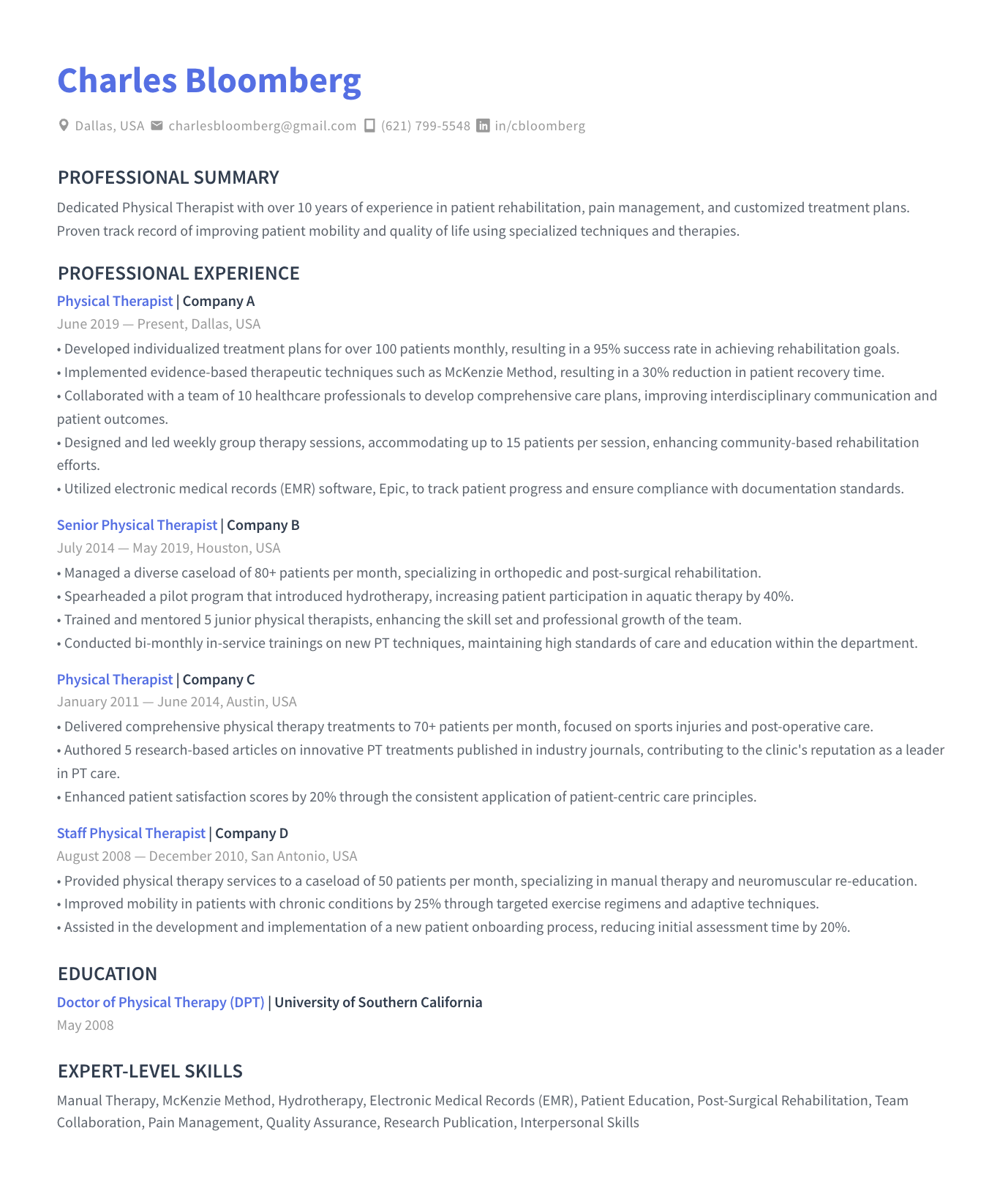 Physical Therapist Resume