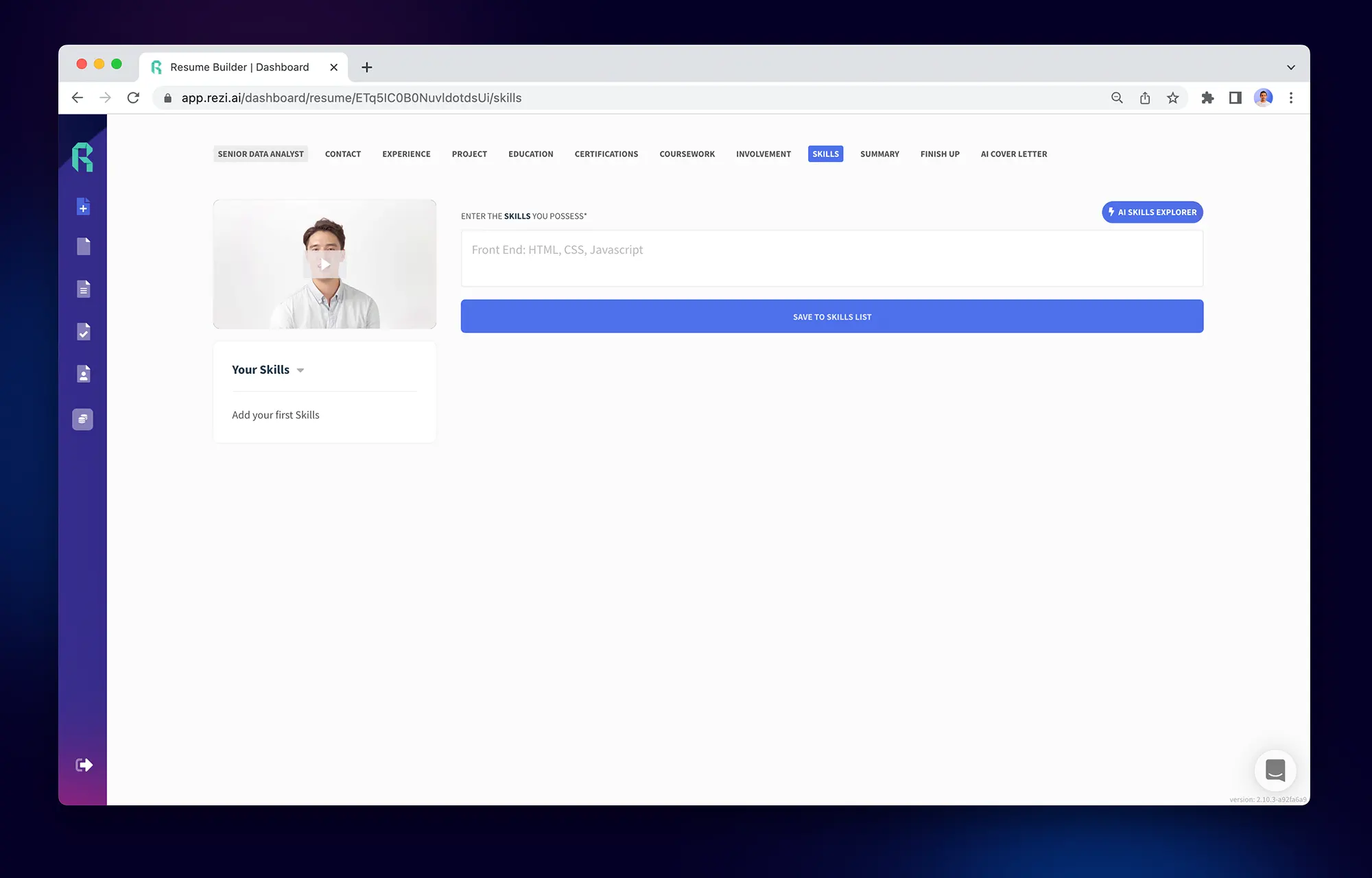 How to find the "Skills" tab inside the Rezi dashboard.