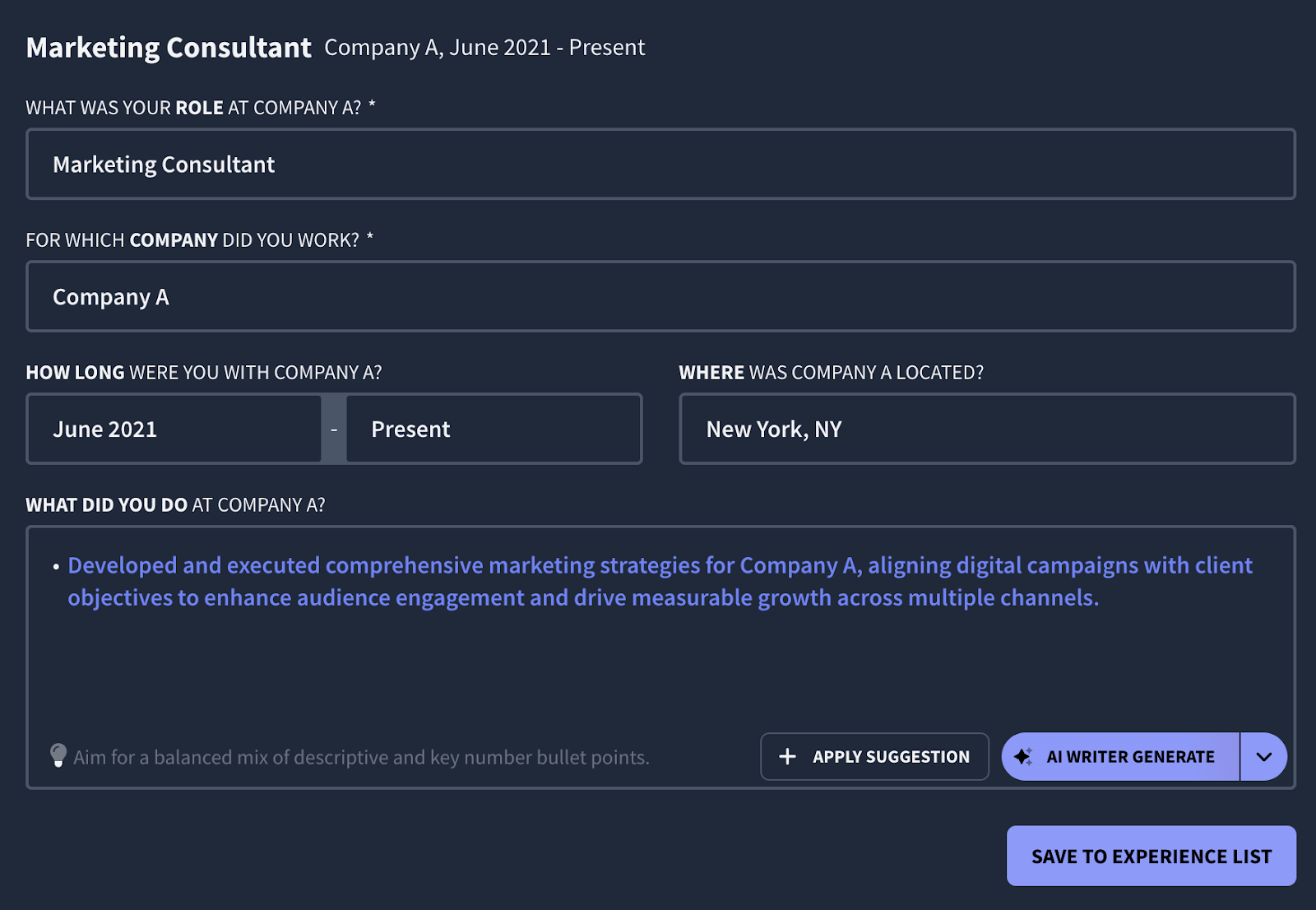 Rezi AI Bullet Point Writer example for generating a sentence for the work experience section