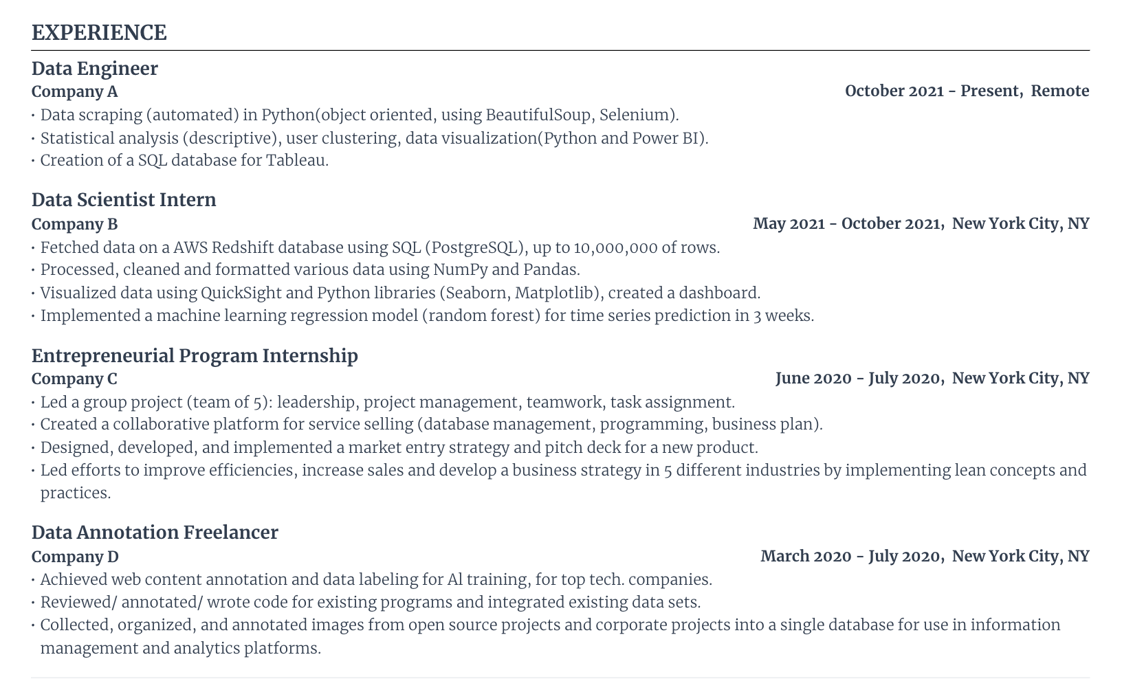 Entry-level data scientist resume work experience section example