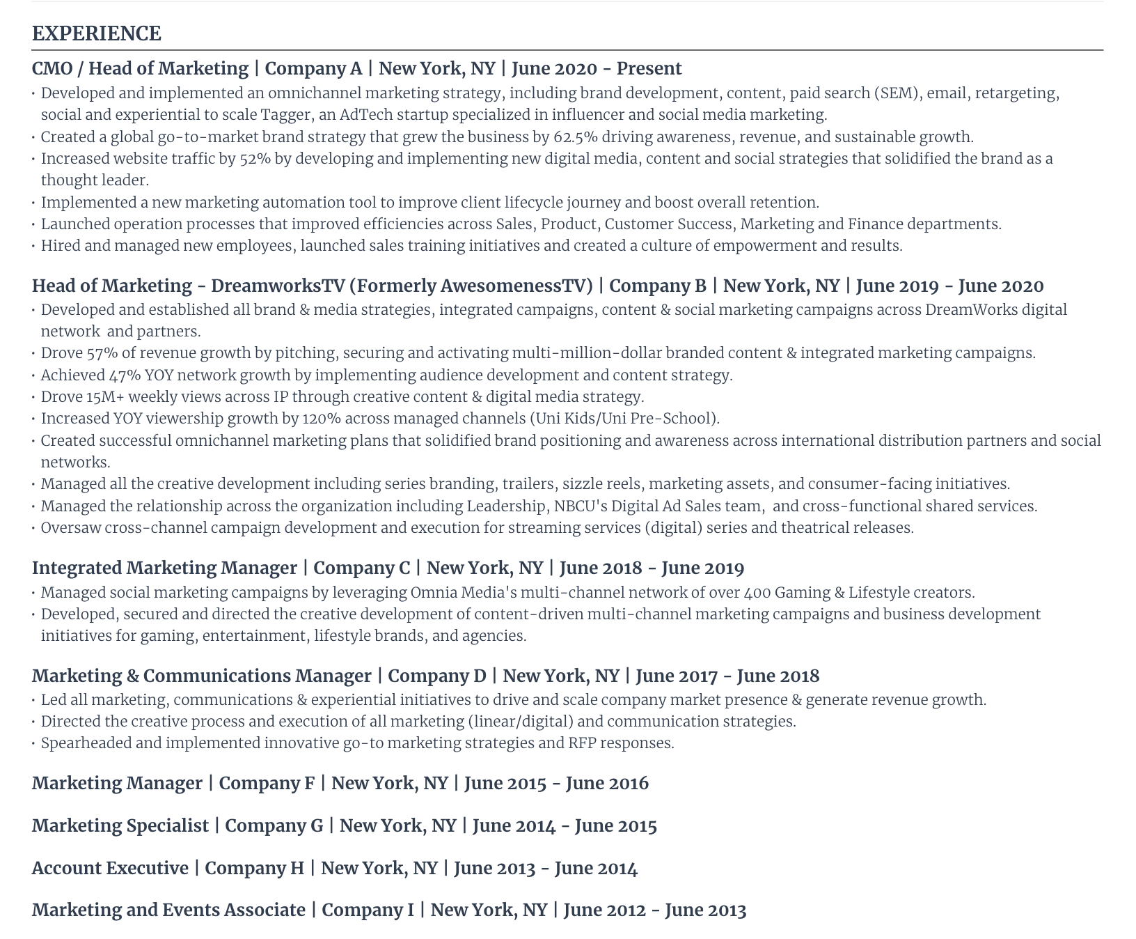 Chief marketing officer (CMO) resume work experience section