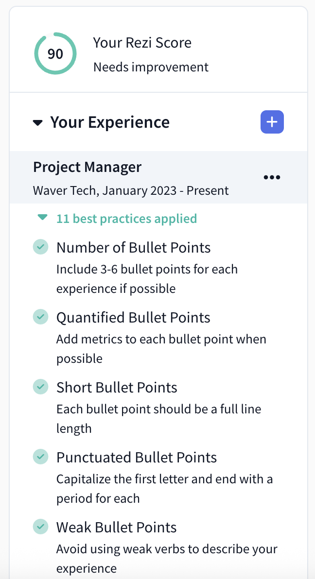 Real Time feedback for resume and specifics on how to improve