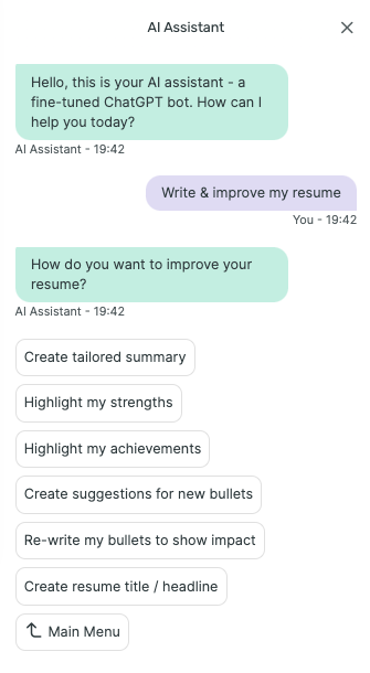 Drop down menu of what you can use Enhancv's AI writing assistant feature to help you with