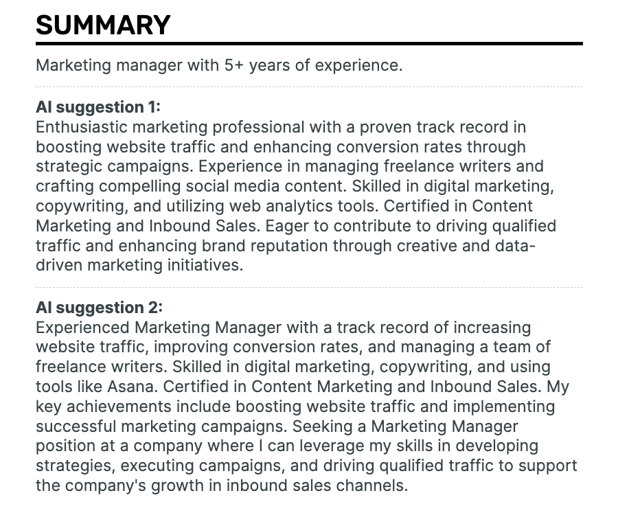 AI-generated resume summaries using Enhancv's AI writing assistant