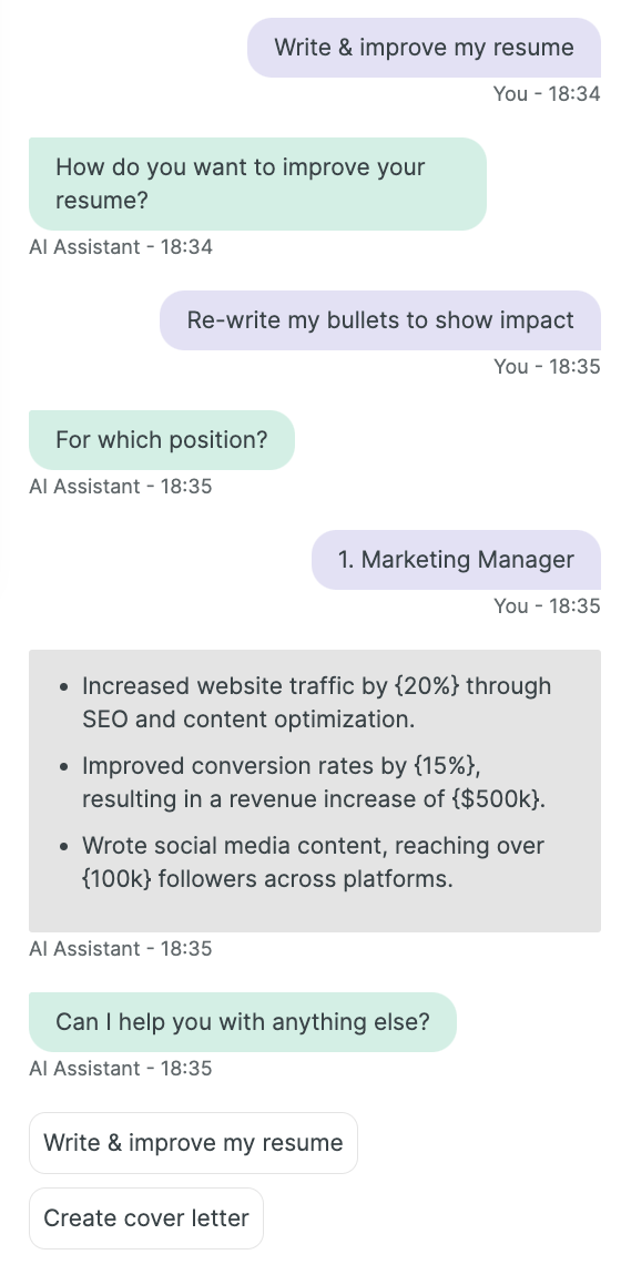 Alt text: Example of using Enhancv's AI writing assistant to re-write resume bullet points