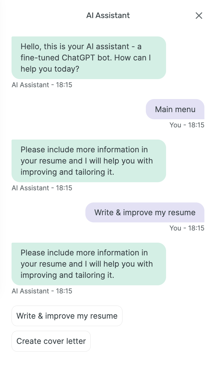 Example of trying to use Enhancv's AI writing assistant feature to write and improve a resume