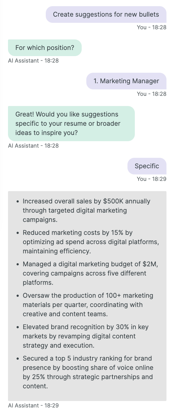 Example of using Enhancv's AI writing assistant to create specific suggestions for new resume bullet points