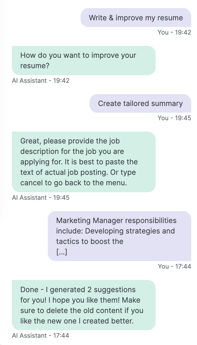 Example of using Enhancv's AI writing assistant feature to create a tailored summary