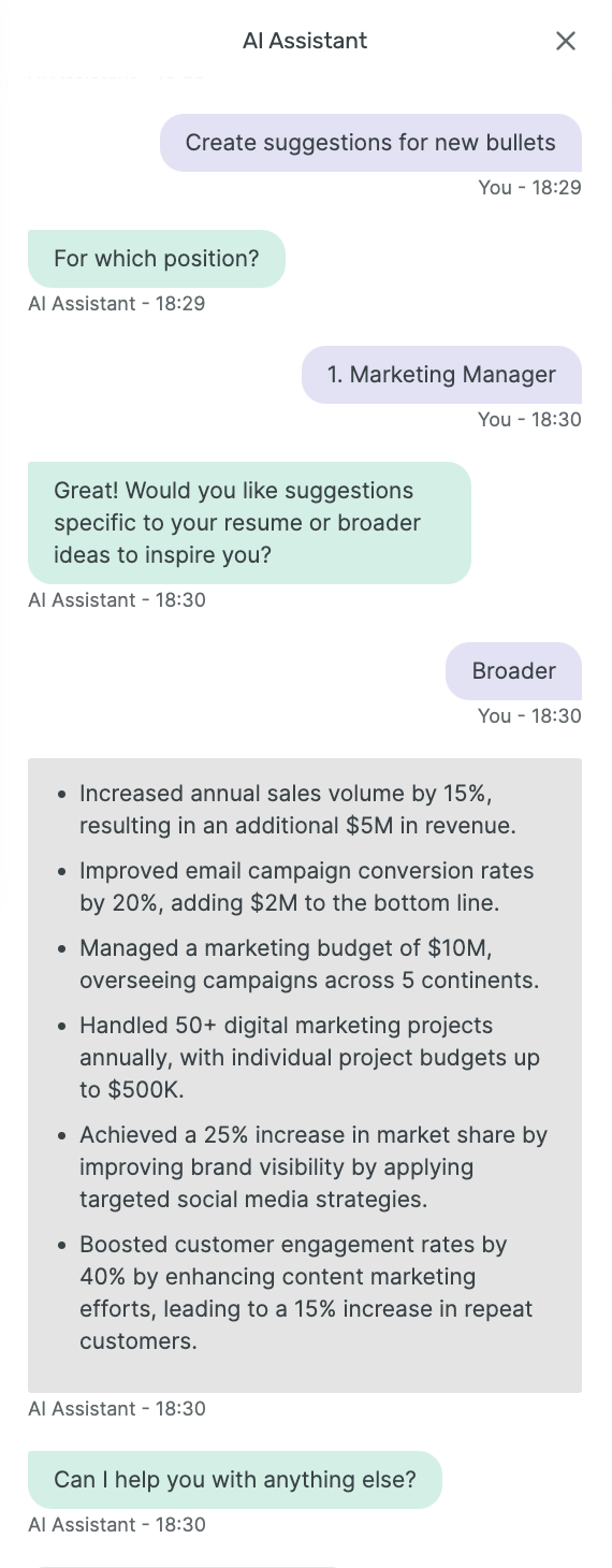 Example of using Enhancv's AI writing assistant to create specific suggestions for new resume bullet points