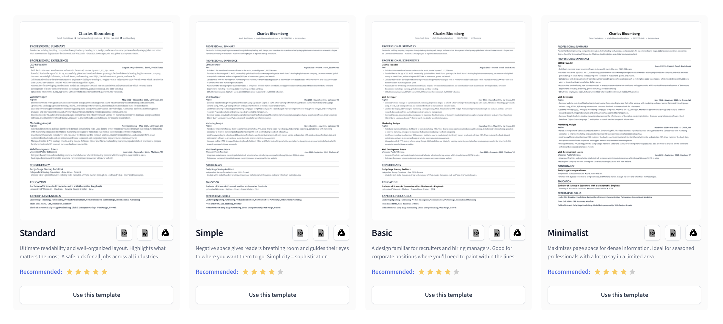 Rezi's resume templates: standard, simple, and basic