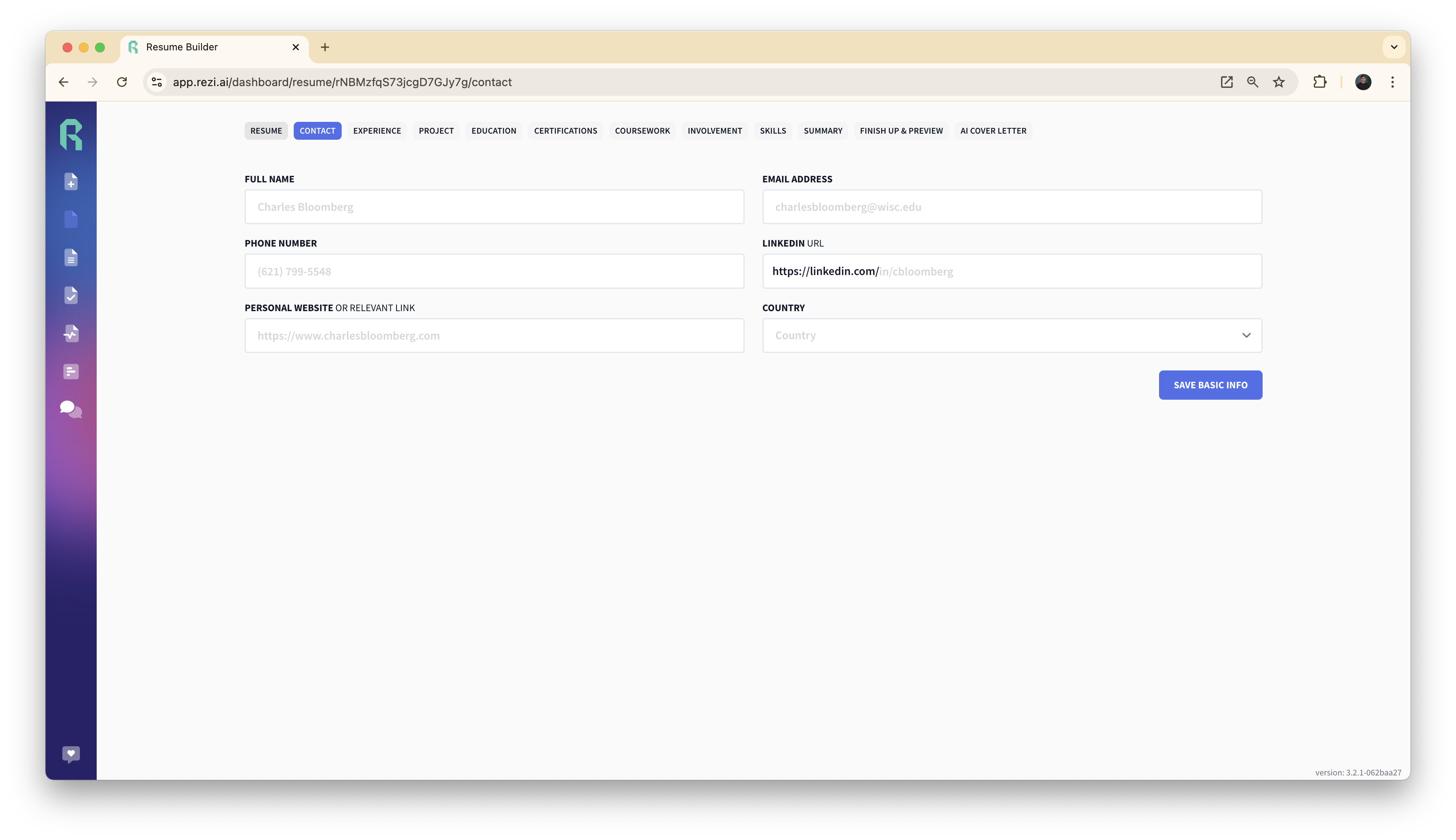 The contact section outline in Rezi's resume builder